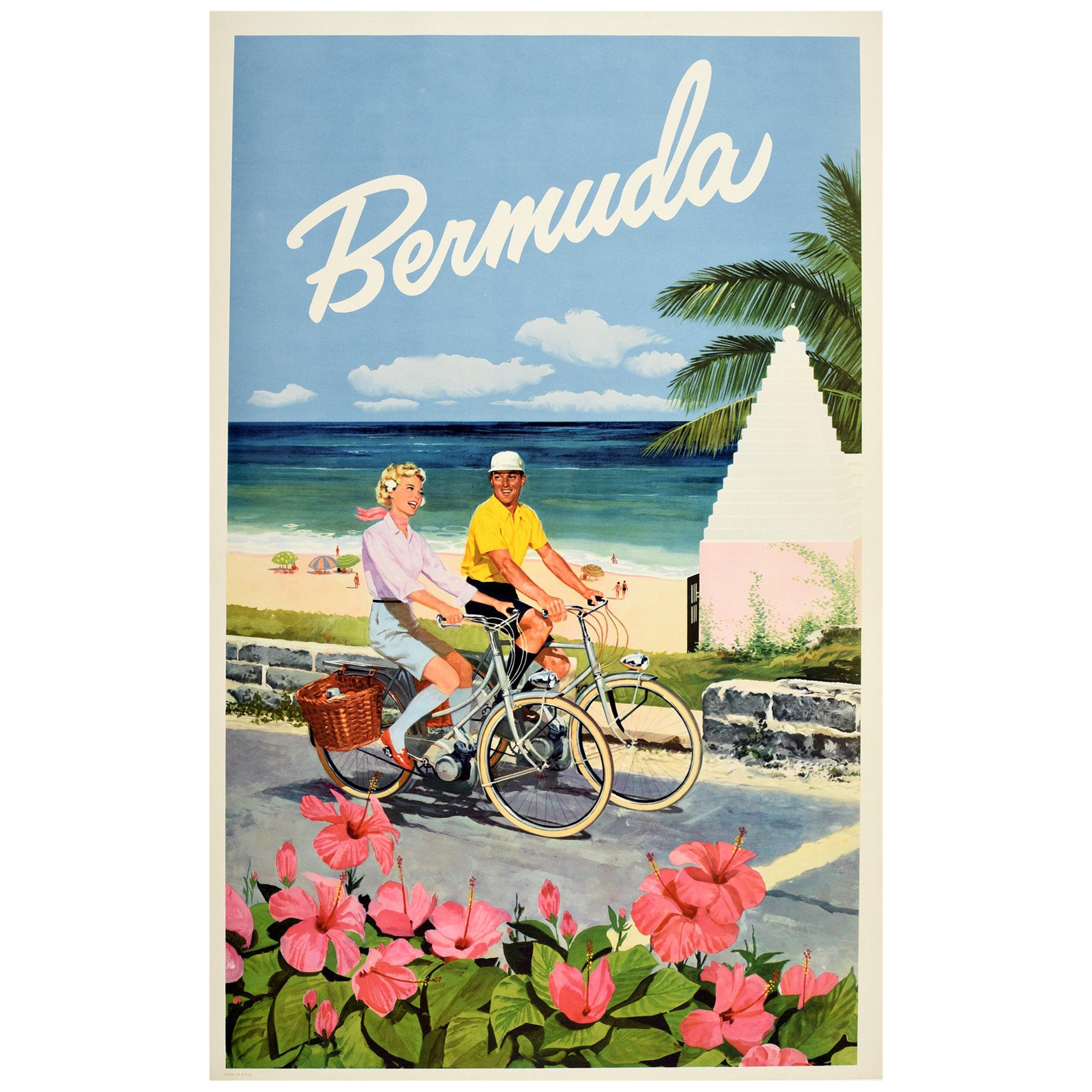 Original Vintage Travel Poster for Bermuda Ft. Flowers Cycling Sandy Beach View