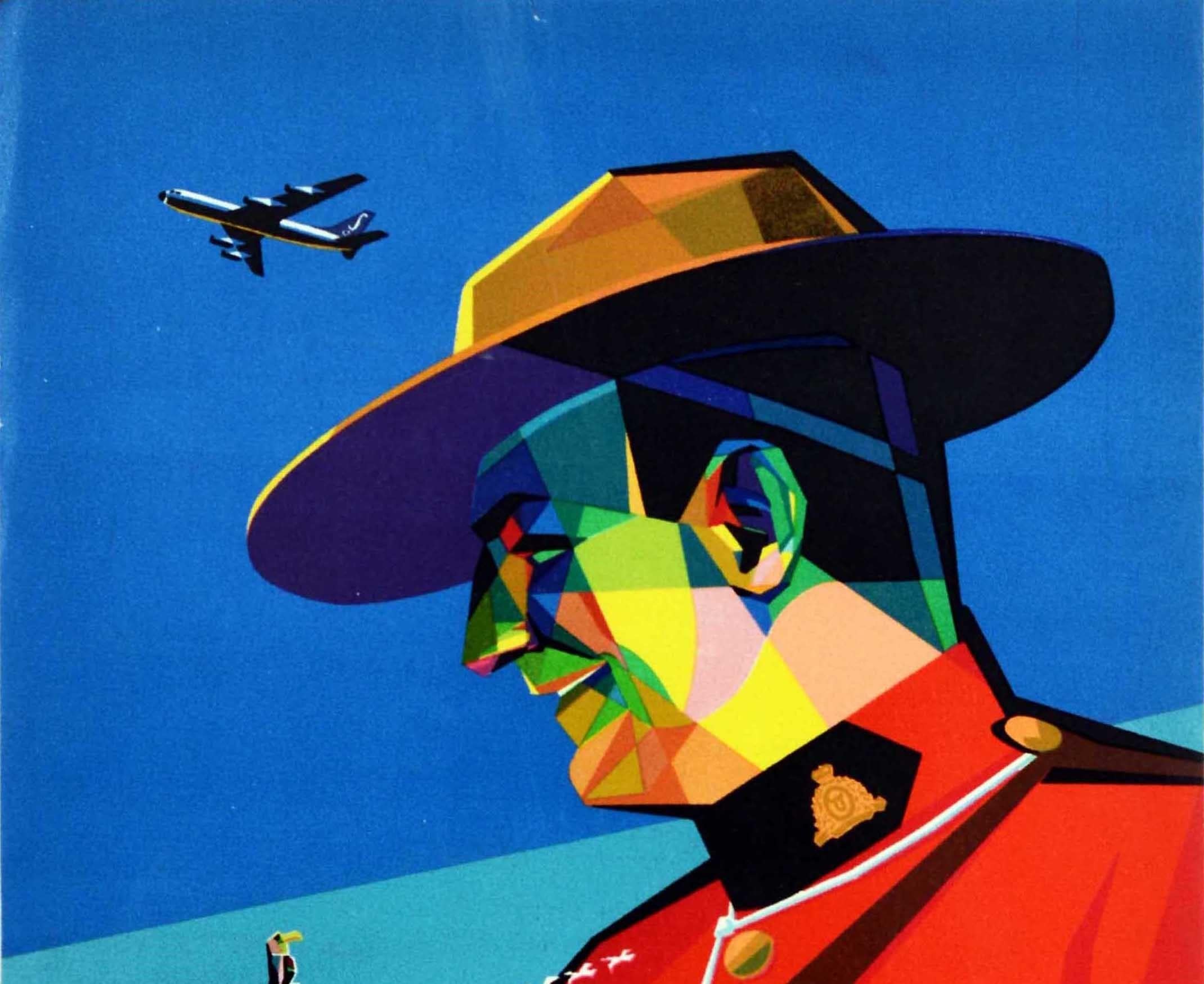 Original vintage travel advertising poster - verso il Canada con la Sabena / to Canada with Sabena (the national airline of Belgium from 1923-2001) - featuring a colourful mid-century design showing a smiling Canadian Mounted Police officer wearing