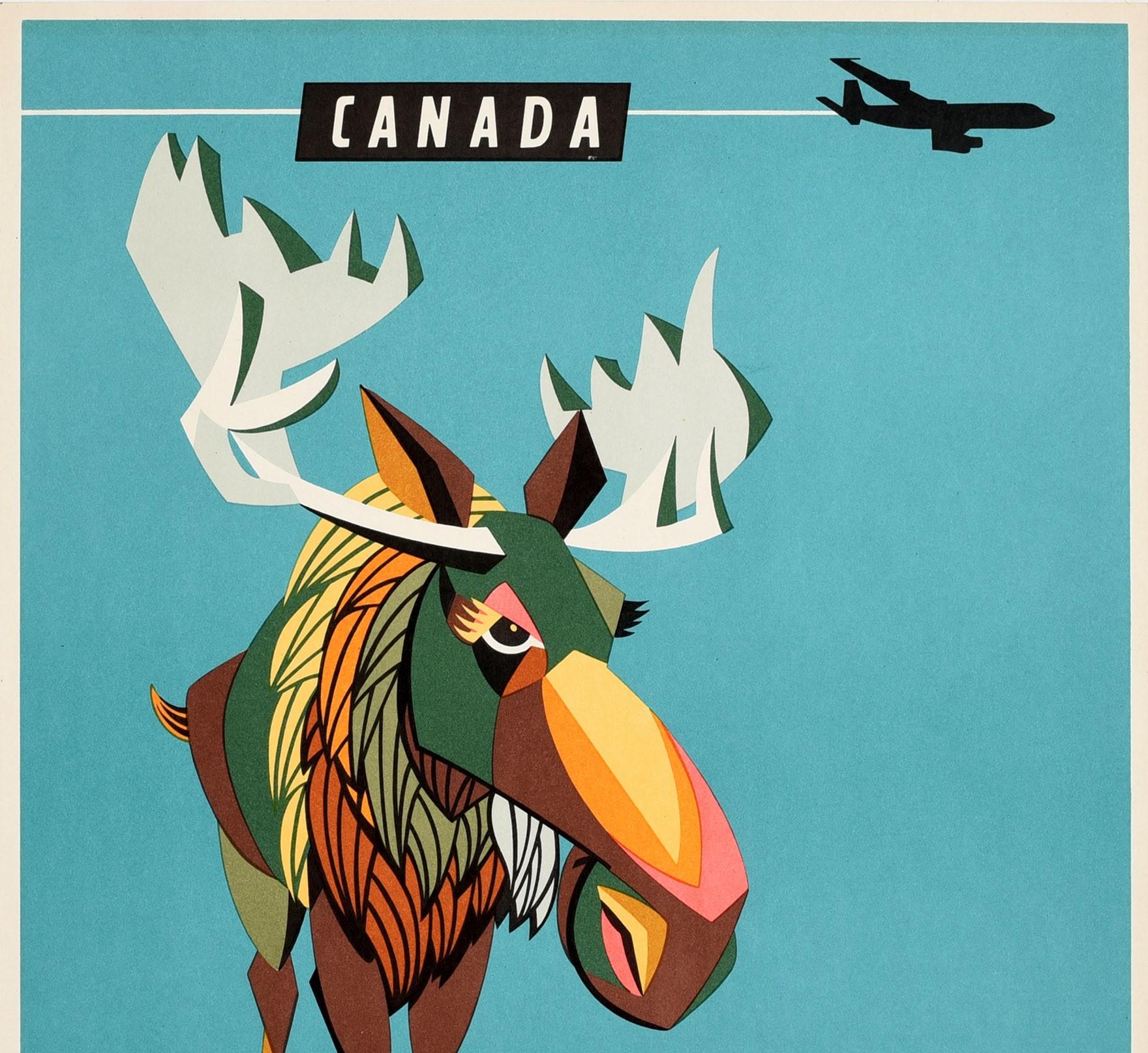 Original vintage travel poster for Canada issued by Qantas Australia's Overseas Airline in association with Air India, BOAC (British Overseas Airways Corporation), SAA (South African Airways) and TEAL (Tasman Empire Airways Limited) featuring a