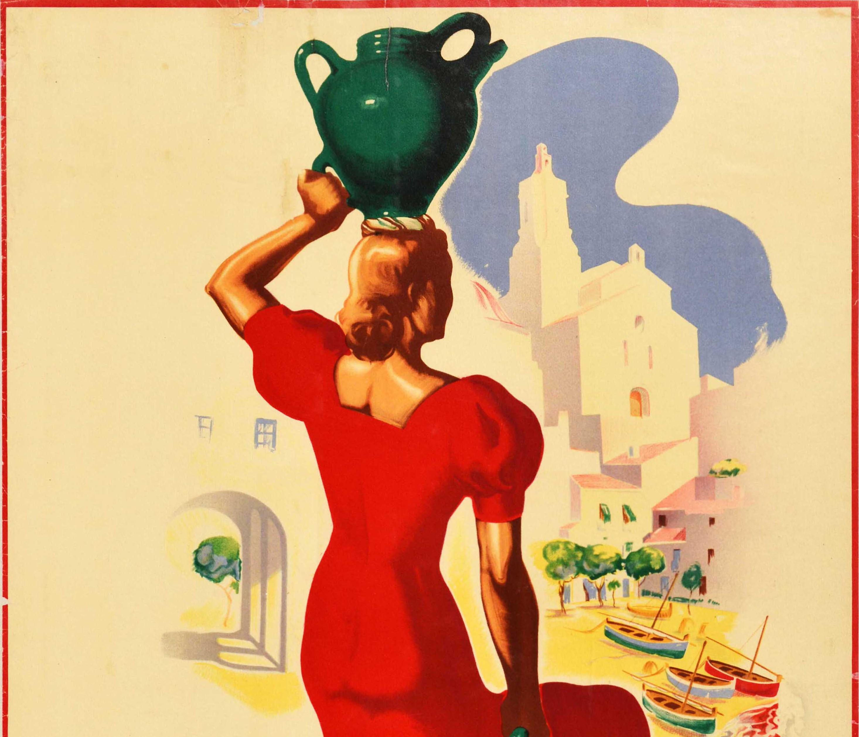Original vintage travel advertising poster for Espana / Spain featuring an illustration by the Spanish artist Jose Morell (1899-1949) depicting a lady in red holding a jug in one hand and another jug on her head, walking towards town buildings with