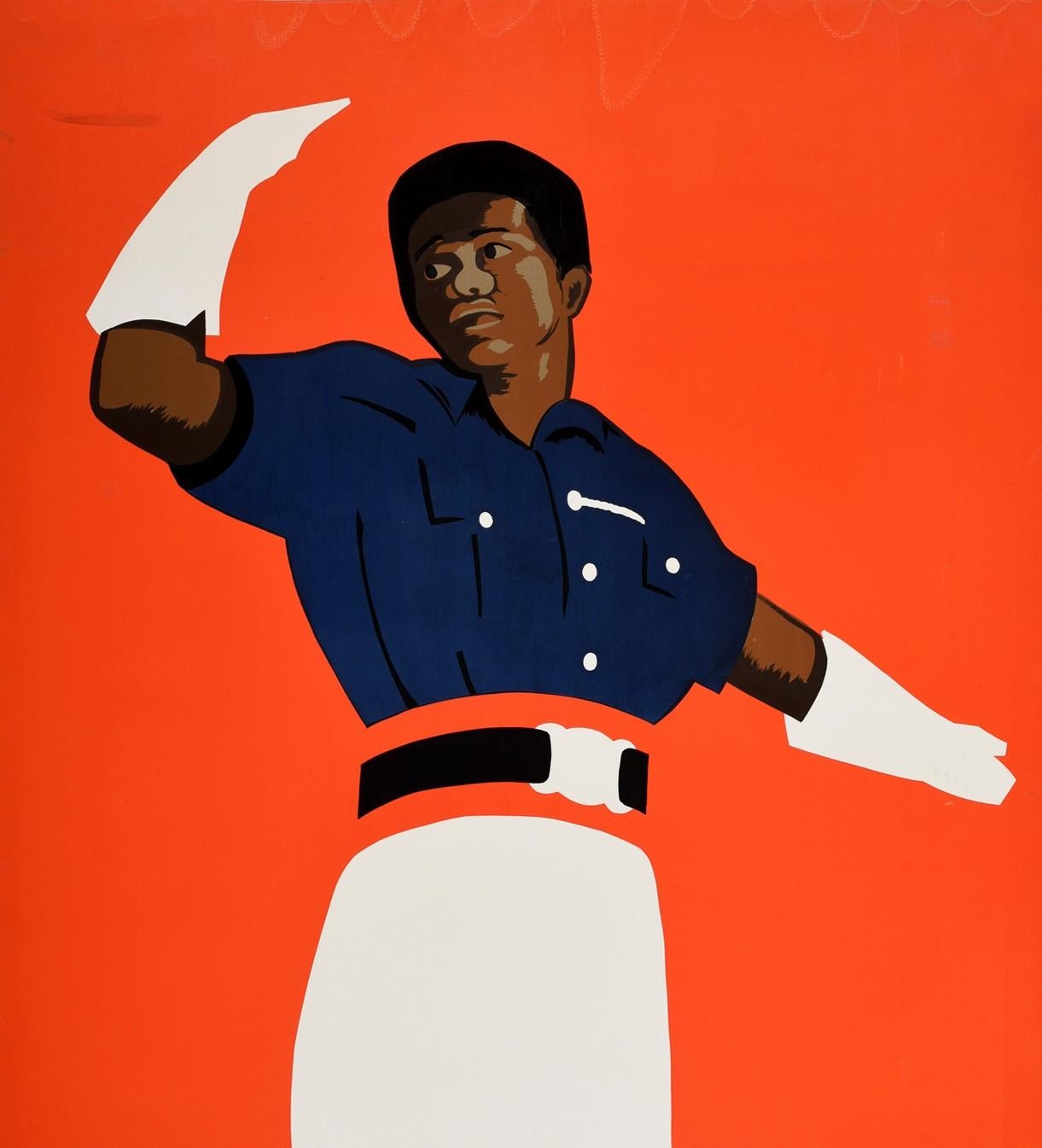 Original vintage travel poster for Fiji Hub of the South Pacific featuring a great design depicting a traffic police man in uniform wearing a blue shirt, white trousers and white gloves directing traffic with his arms against a red background with