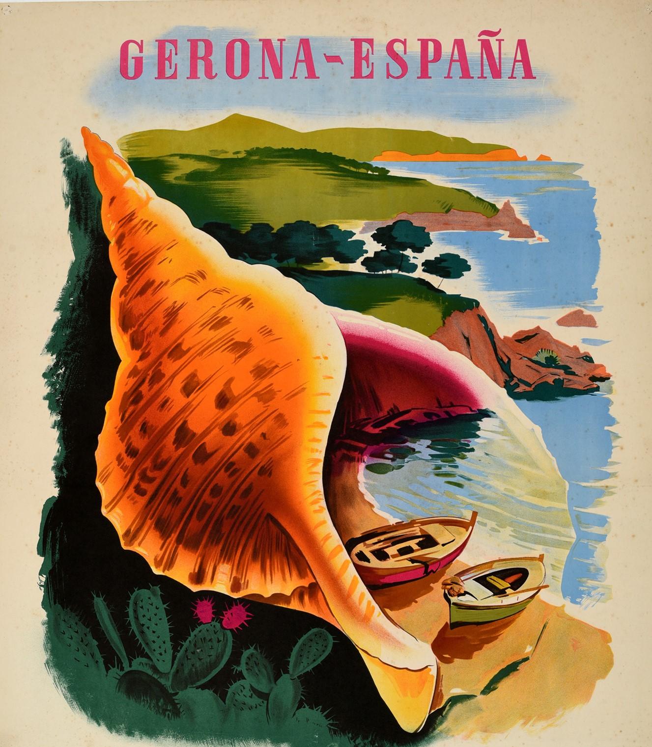 Original vintage travel poster for Girona Spain Costa Brava The Wonder of the Mediterranean / Gerona Espana La Maravilla del Mediterraneo featuring a great design depicting a sea shell with two wooden boats on a sandy beach with fields and trees on