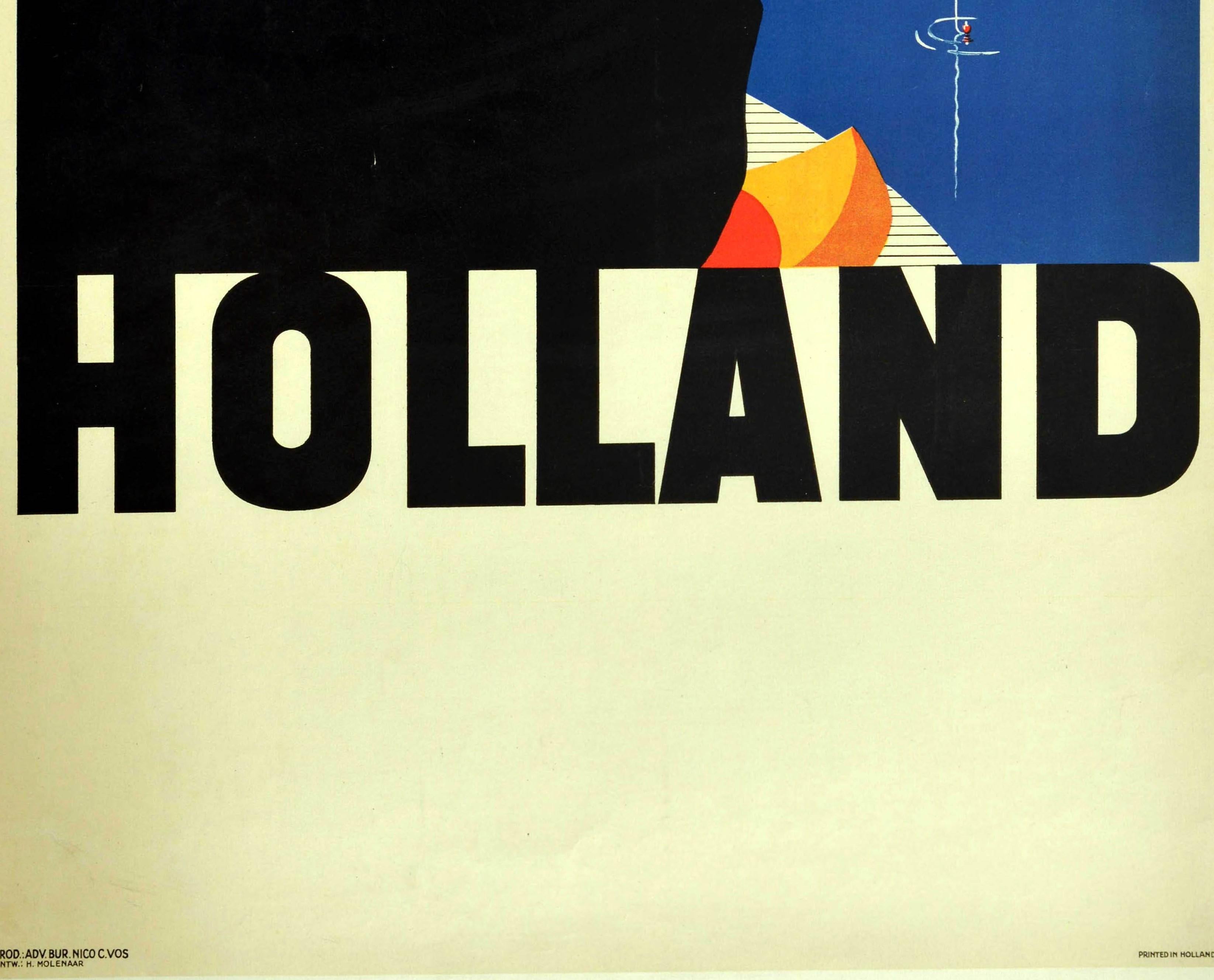 Affiche vintage originale de voyage pour la Hollande, Pêcheur, Moulin, Bateau à voile Bon état - En vente à London, GB