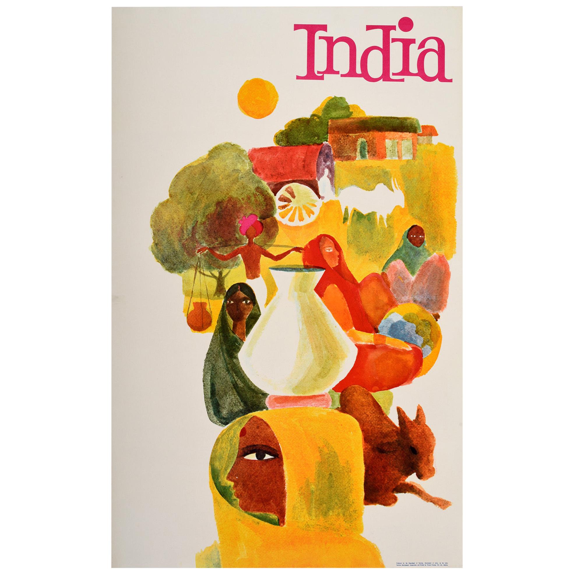 Original Vintage Travel Poster For India Ft. Colourful Illustrations People Cow
