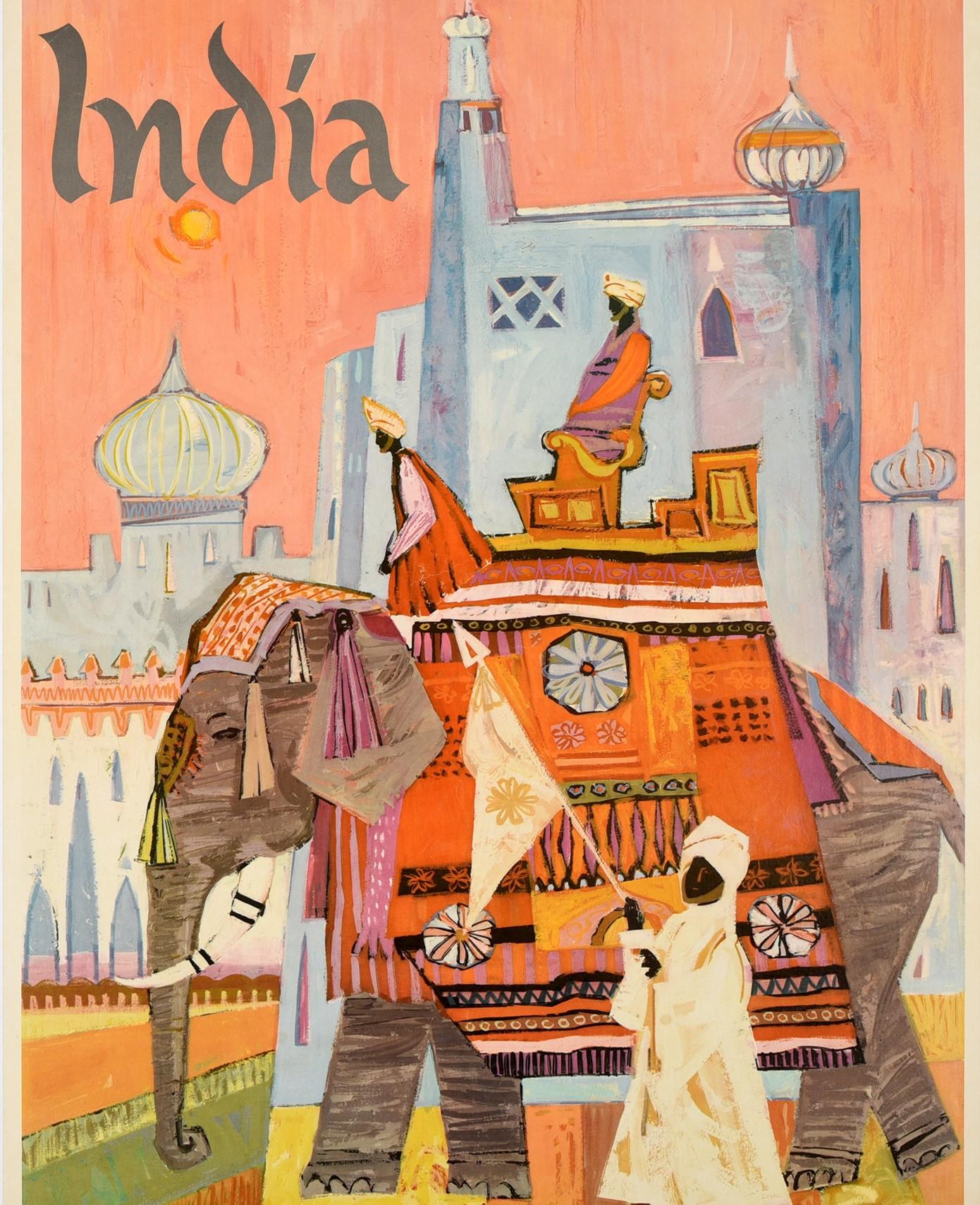Original Vintage Travel Poster For India Feat. Colourful Regal Elephant Howdah In Good Condition In London, GB