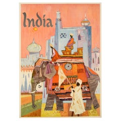 Original Vintage Travel Poster For India Feat. Colourful Regal Elephant Howdah