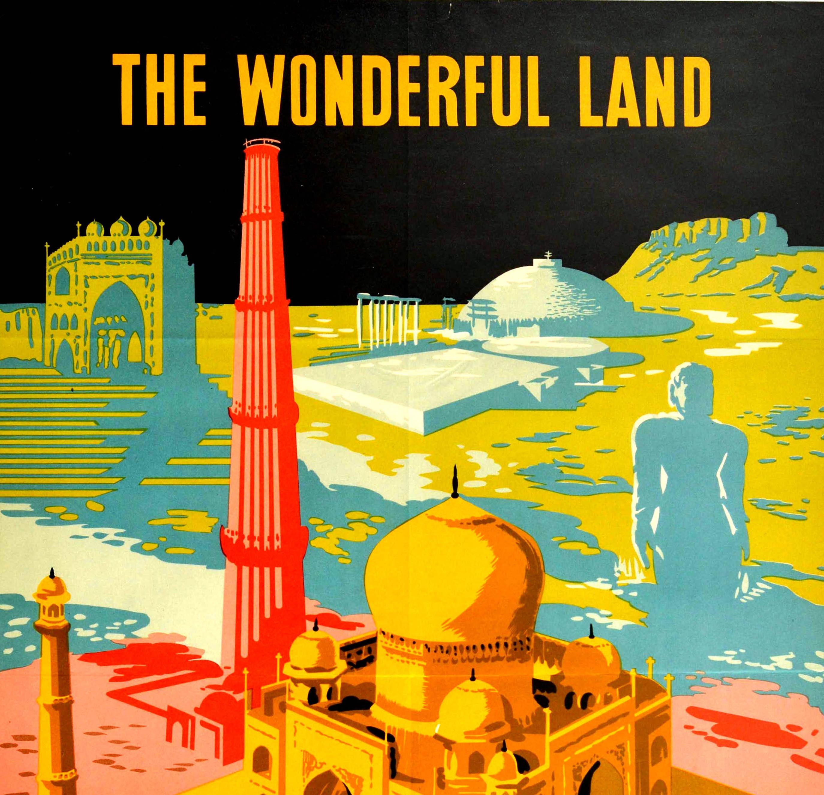 Original vintage travel poster for India The Wonderful Land featuring a colourful design of historical heritage sites and iconic Indian landmarks including the Qutb Minar minaret victory tower (completed 1220) in Delhi, the Taj Mahal (built 1632-53)