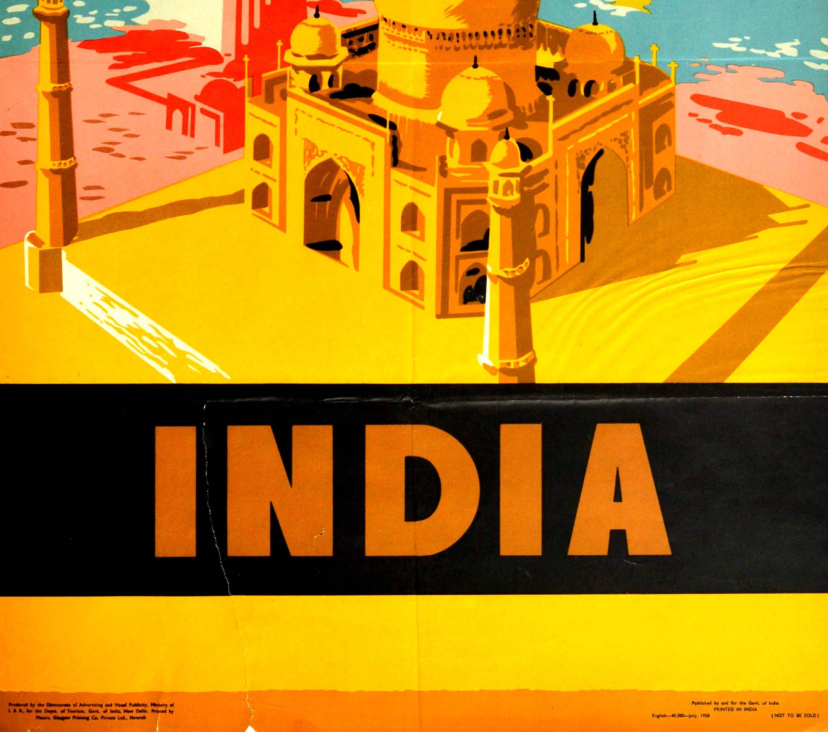 Indian Original Vintage Travel Poster For India The Wonderful Land Taj Mahal Qutb Minar