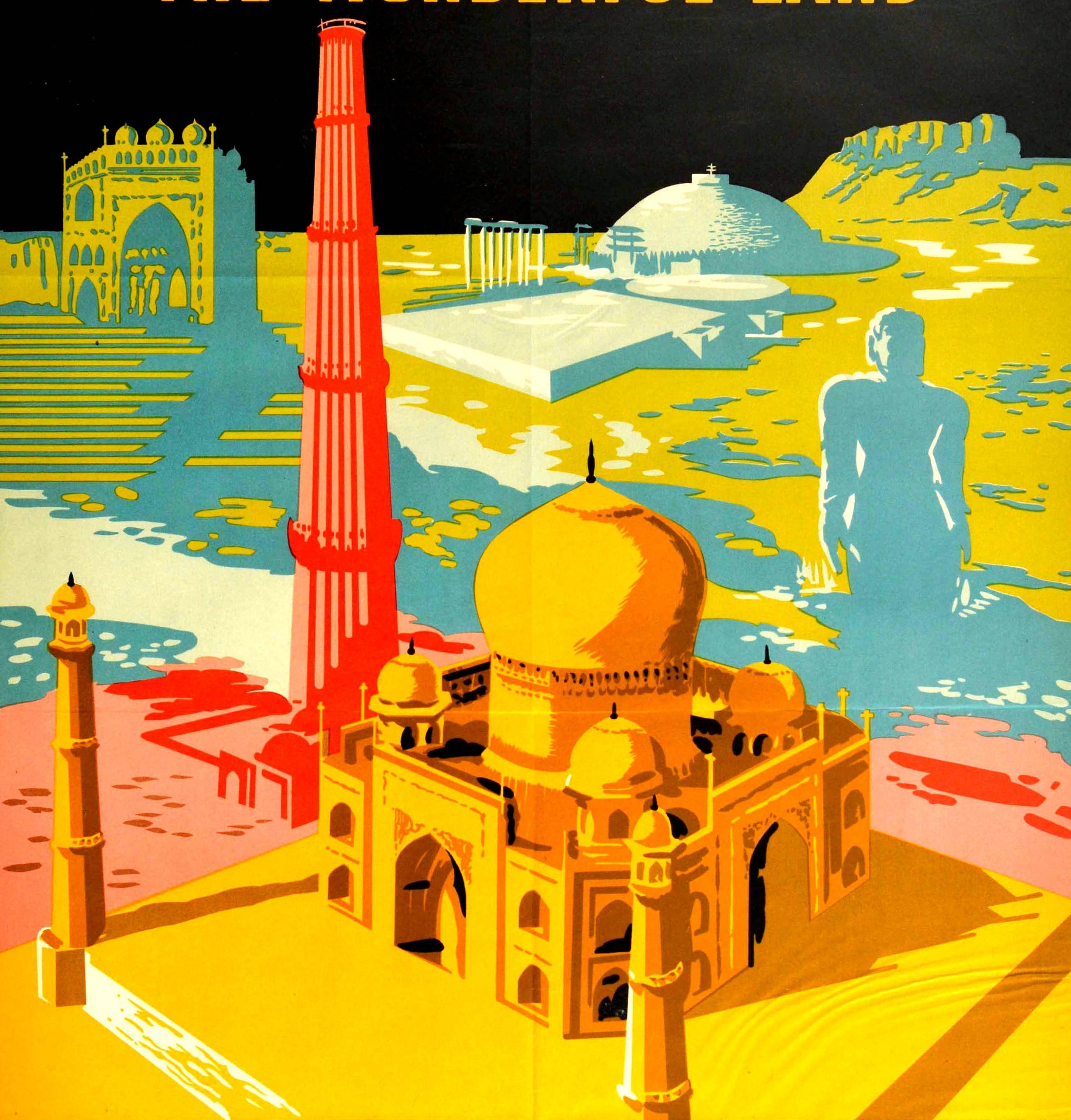 Original Vintage Travel Poster For India The Wonderful Land Taj Mahal Qutb Minar In Good Condition In London, GB