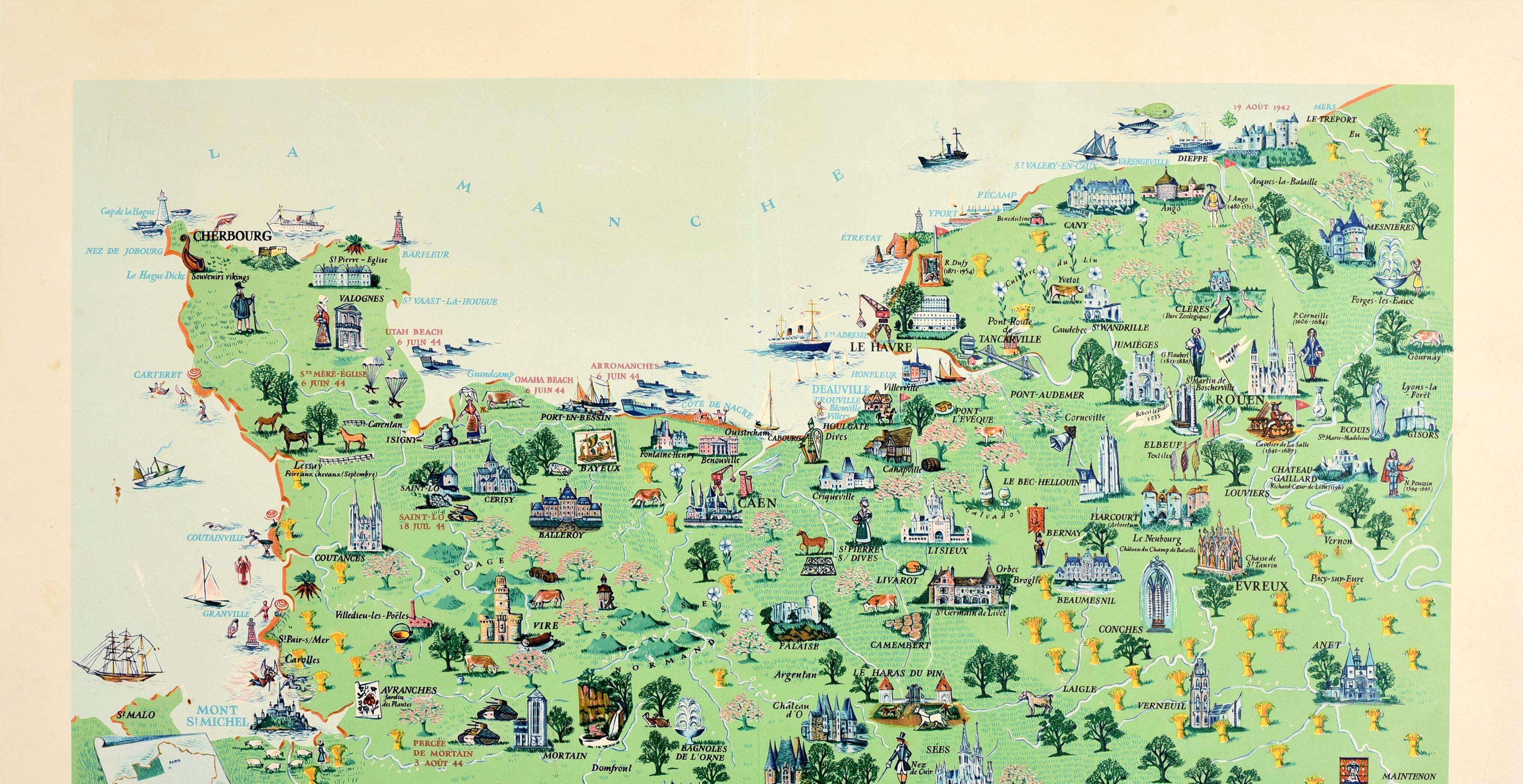 Affiche de voyage originale d'époque pour la Normandie - La Normandie France - présentant une carte illustrée montrant des personnes, des lieux d'intérêt historique, des collines et des arbres, des chevaux, des voiliers et des bateaux en mer sur la
