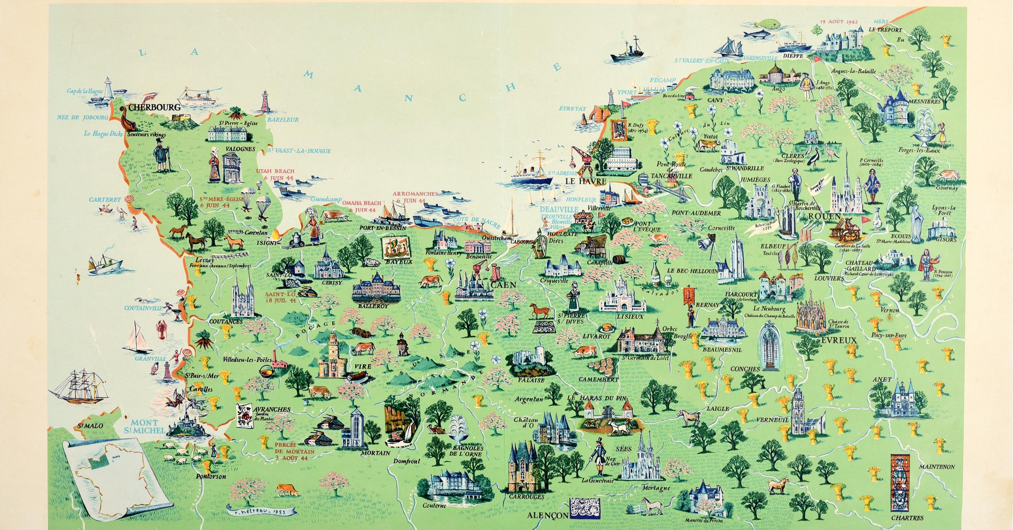 Français Affiche de voyage vintage d'origine pour La Normandie, France, Normandie, Carte illustrée en vente