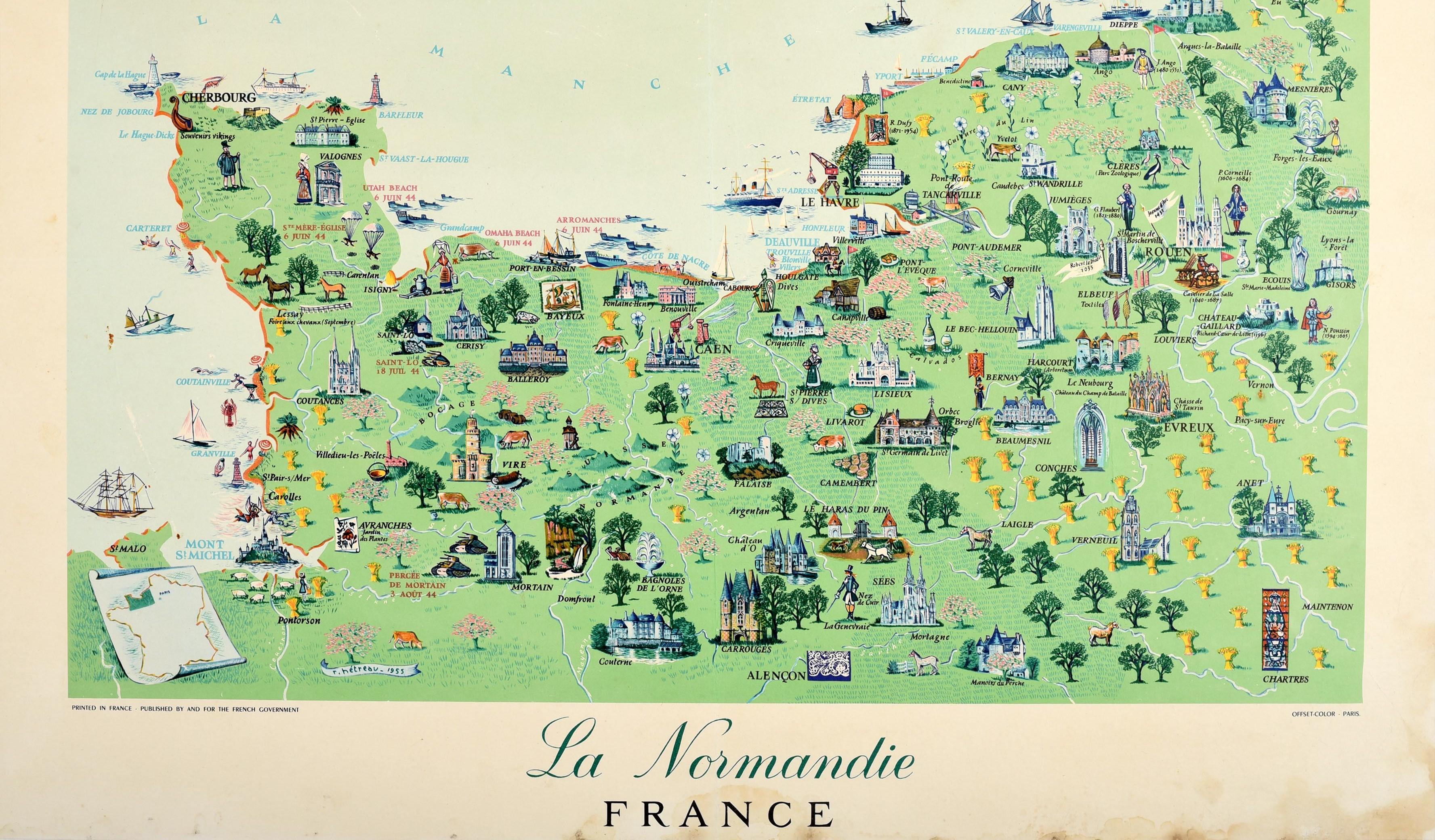 Affiche de voyage vintage d'origine pour La Normandie, France, Normandie, Carte illustrée Bon état - En vente à London, GB