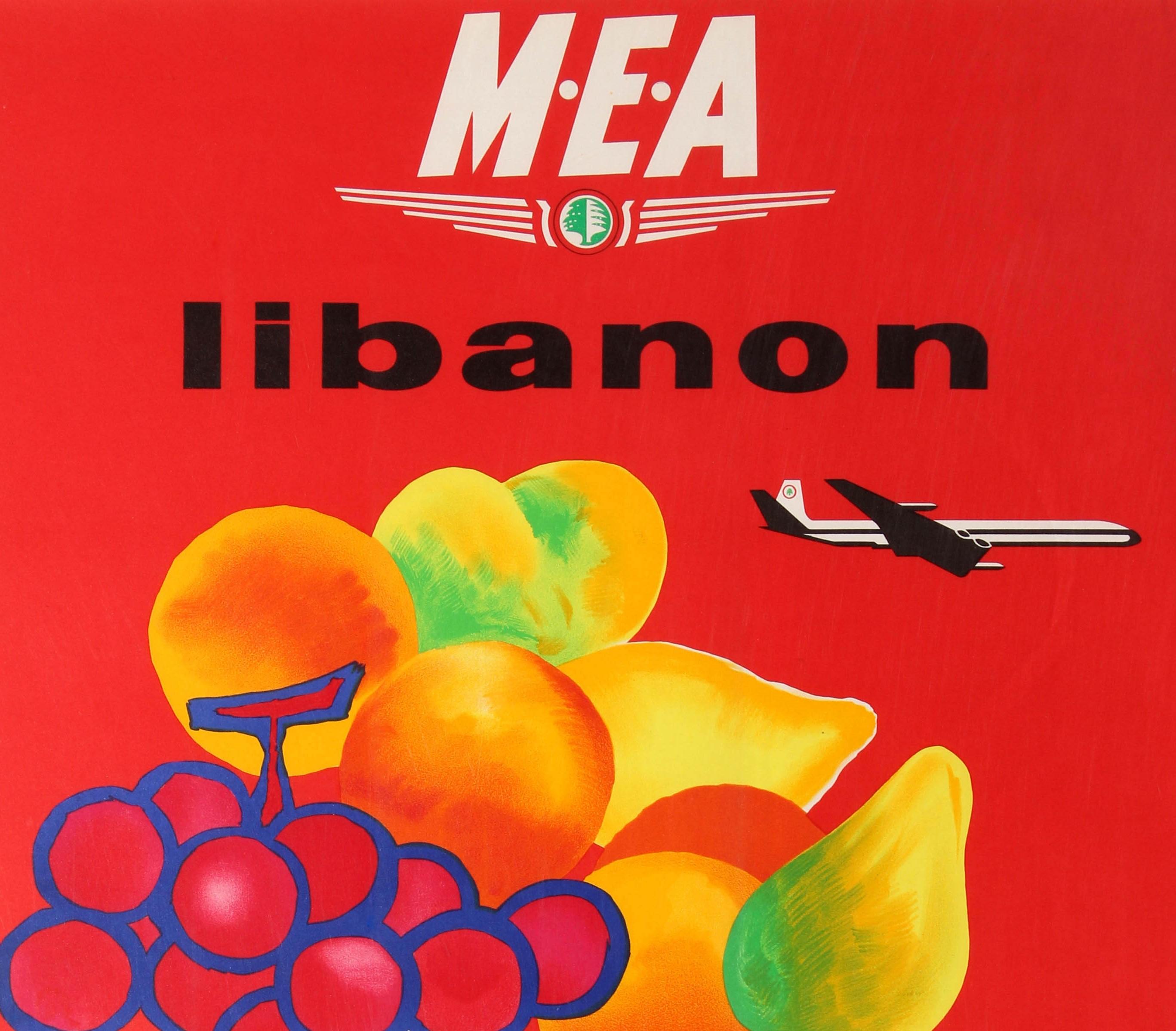 Original vintage travel advertising poster published by the Middle East Airlines (MEA), a British Overseas Airways Corporation BOAC associate to promote its flights to Lebanon / Libanon featuring a bold and colourful design by the French painter and