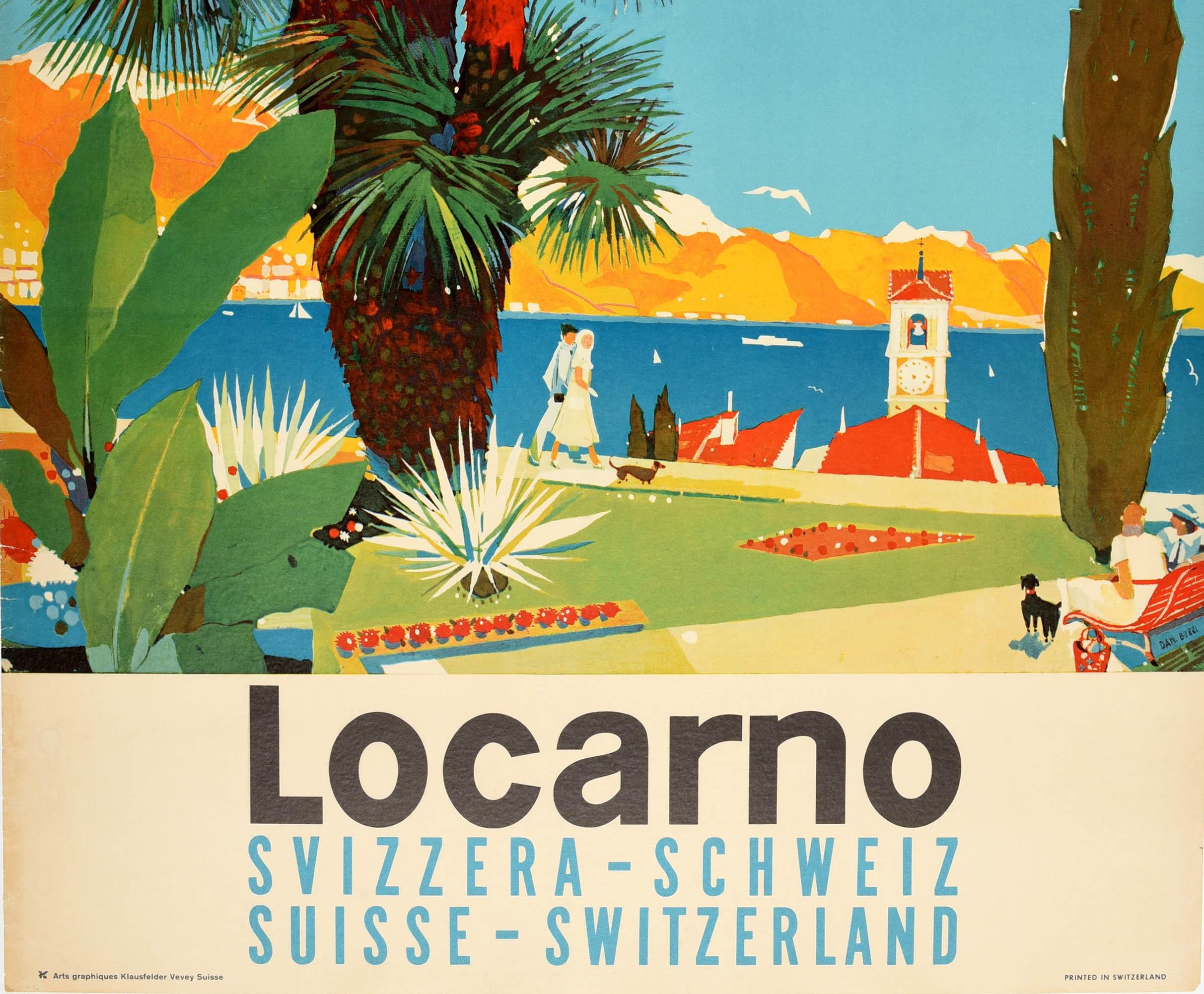 Original Vintage Travel Poster For Locarno Switzerland Summer Sailing Swiss Alps In Good Condition For Sale In London, GB
