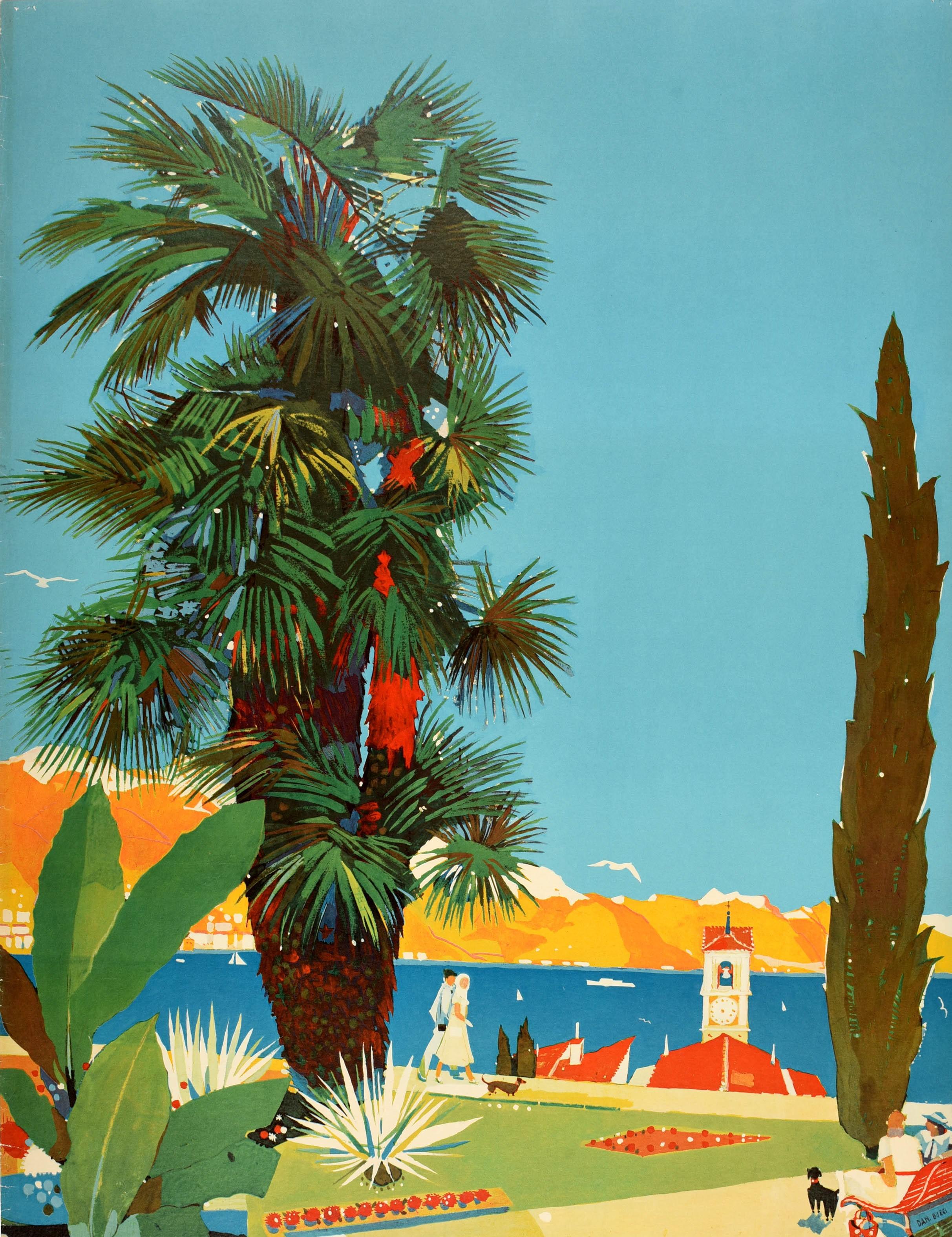 Milieu du XXe siècle Affiche rétro originale de voyage pour Locarno, Suisse, Voile d'été, Alpes suisses en vente