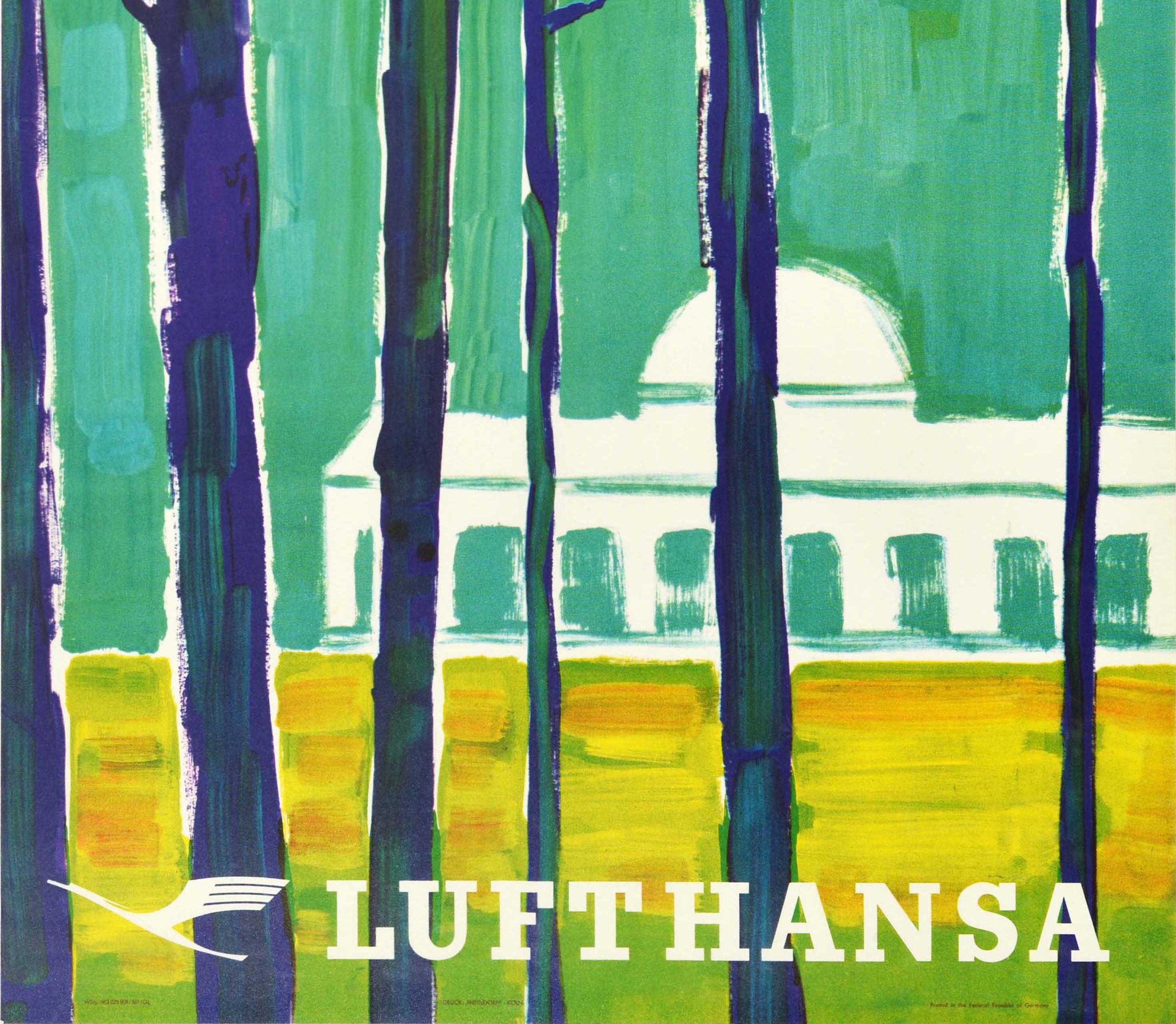 German Original Vintage Travel Poster For Lufthansa Airlines Midcentury Modern Artwork