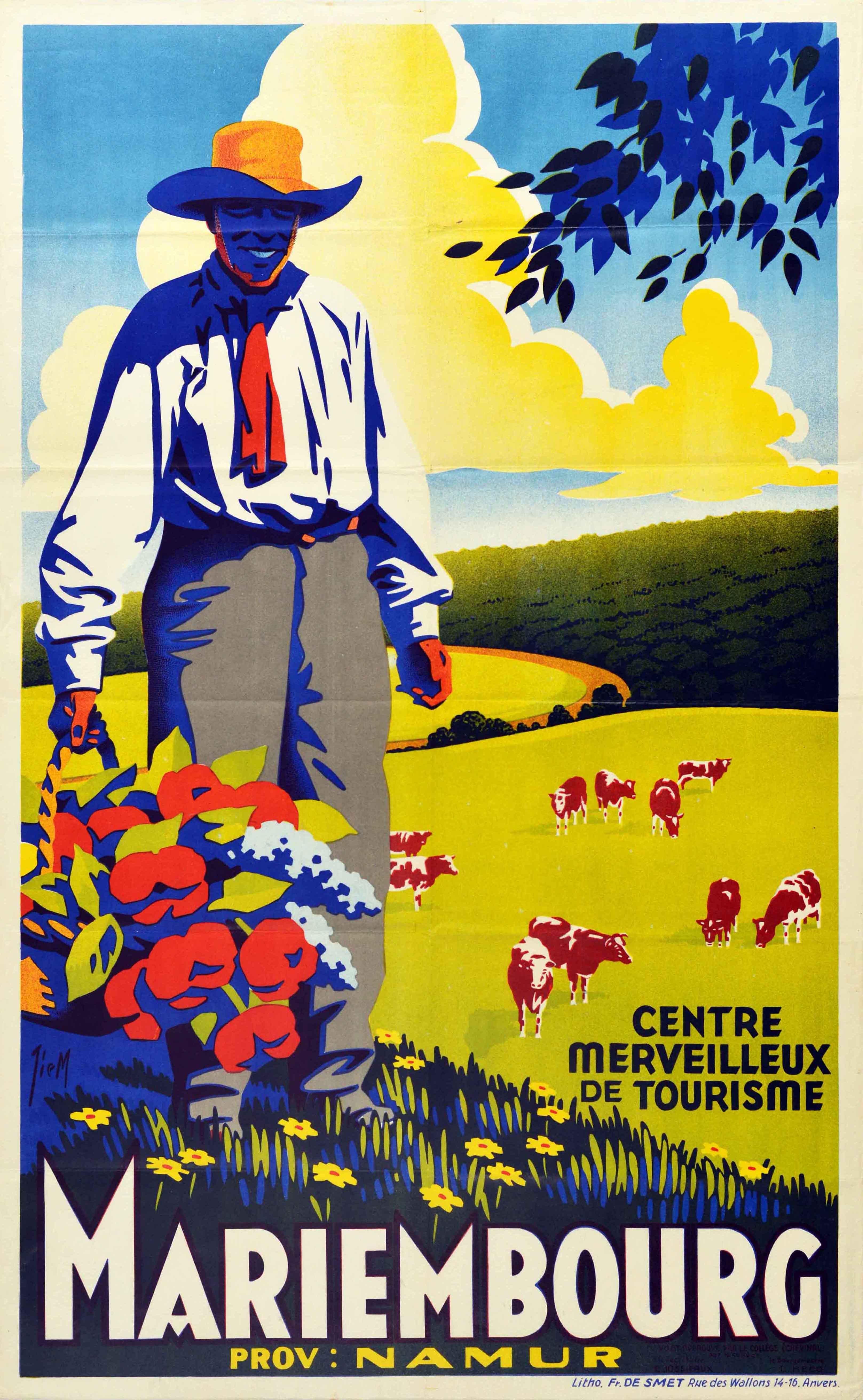Original vintage travel poster for Mariembourg Prov: Namur depicting a smiling man with a large woven basket of red and purple flowers standing among wildflowers, with brown and white cows grazing grass in a meadow below, and lush woods in the