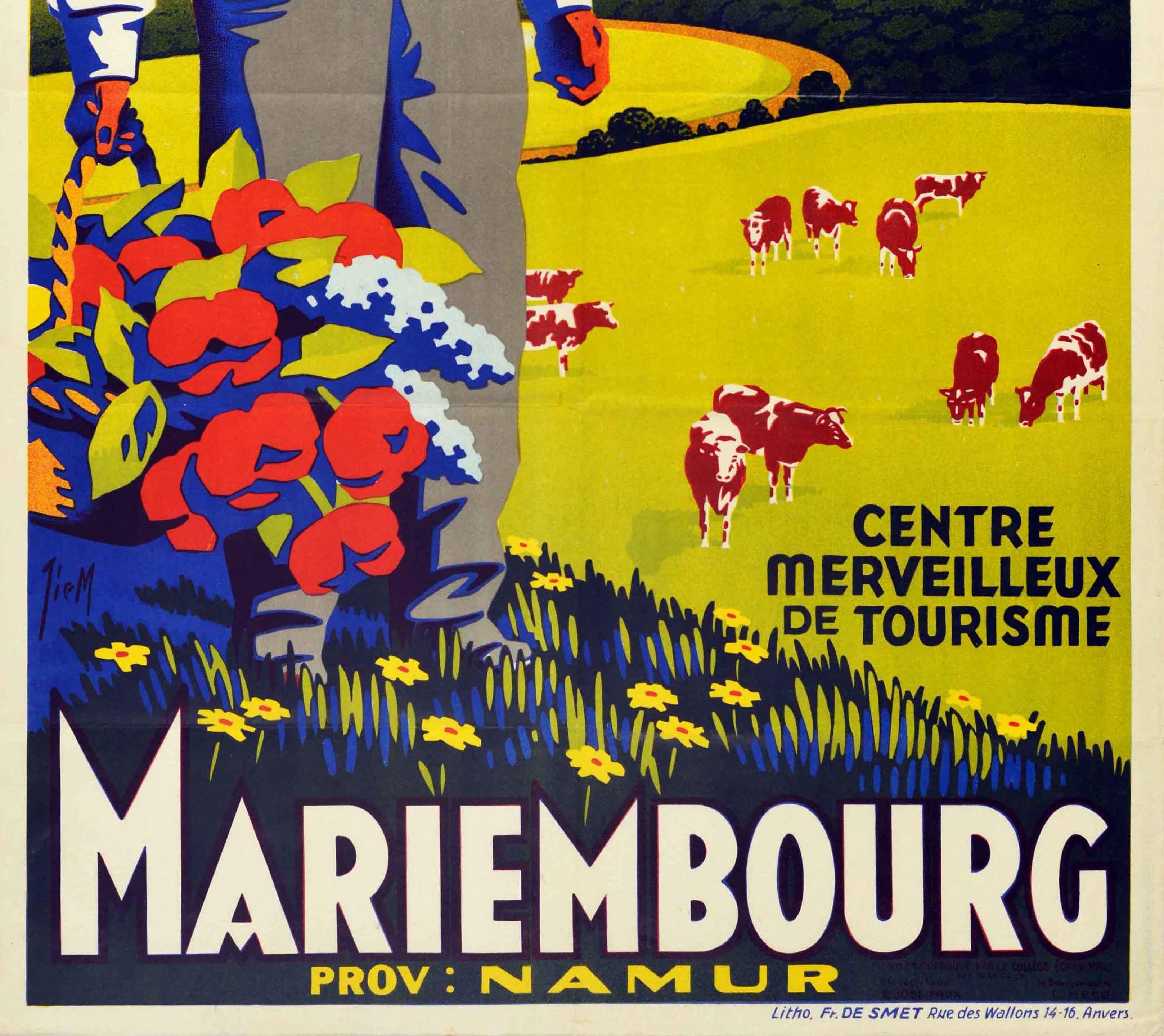 Belgian Original Vintage Travel Poster For Mariembourg Namur Belgium Flowers Countryside