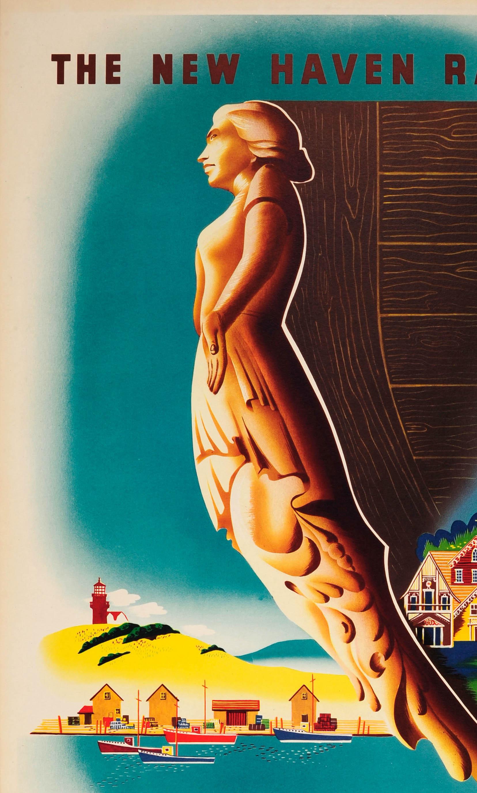 Cartel de viaje original de época para Martha's Vineyard, publicado por The New Haven Railroad, con una atrevida ilustración de un mascarón de proa frente a una costa con casas de colores, niños jugando en la playa y en el agua, barcos y un faro en