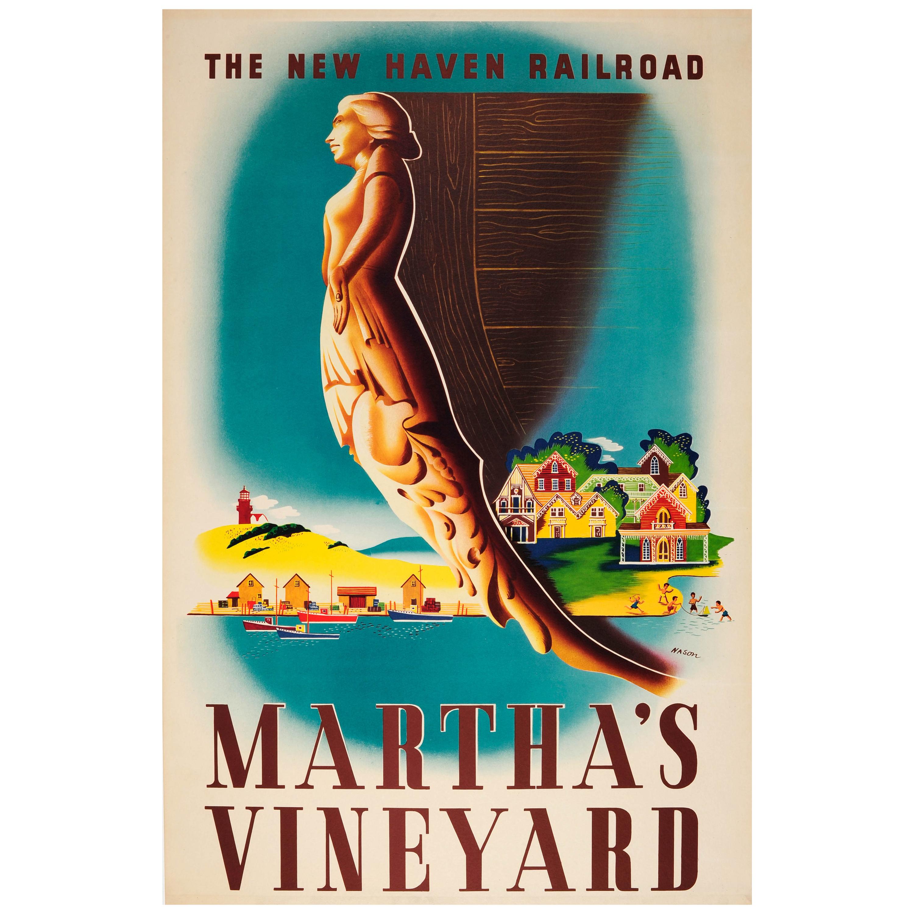 Affiche de voyage vintage d'origine pour Martha's Vineyard par le New Haven Railroad