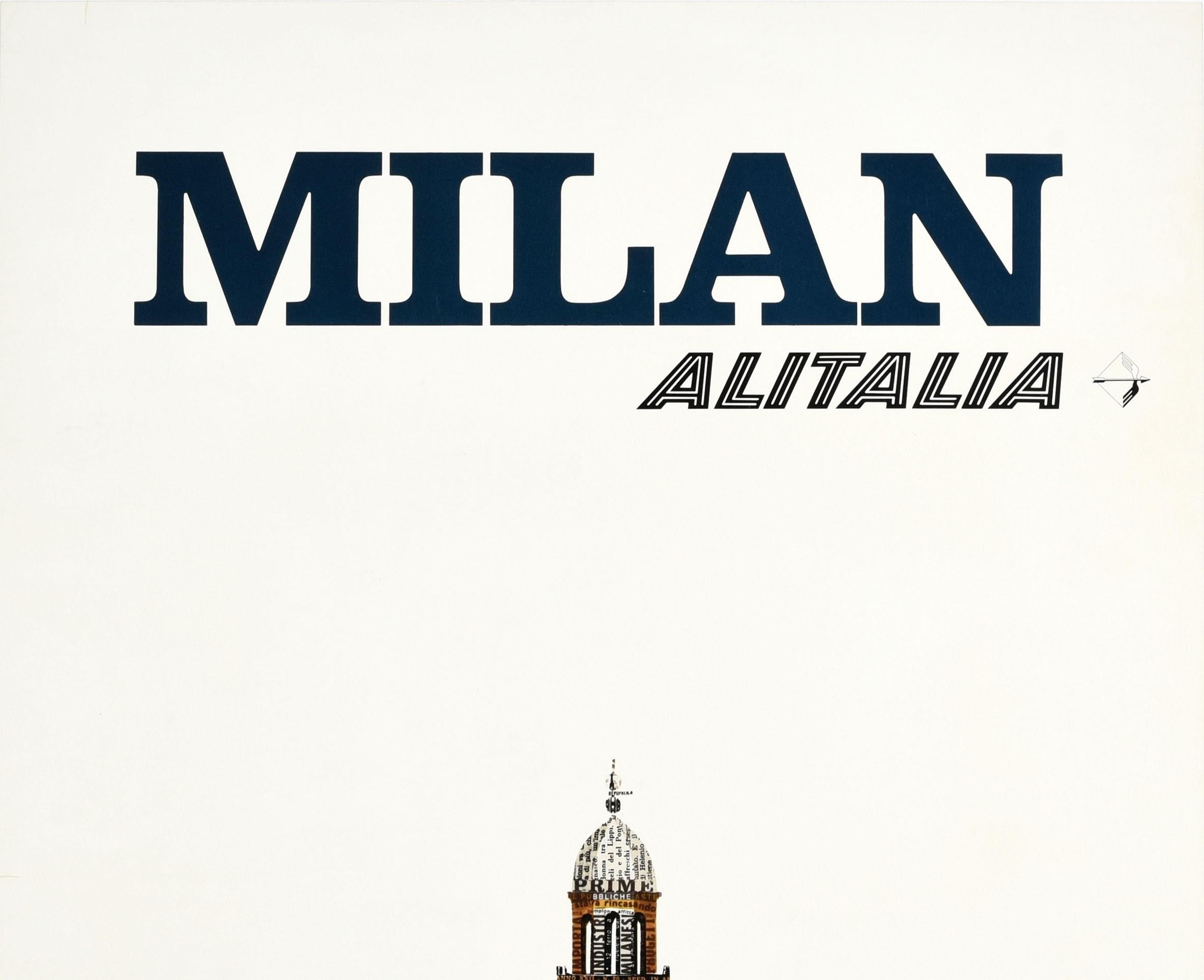 Original vintage travel poster for Milan Alitalia featuring a colourful newspaper collage design showing the historic Castello Sforzesco / Sforza Castle with trees and gardens in front of the fortress walls and the central Torre del Filarete clock