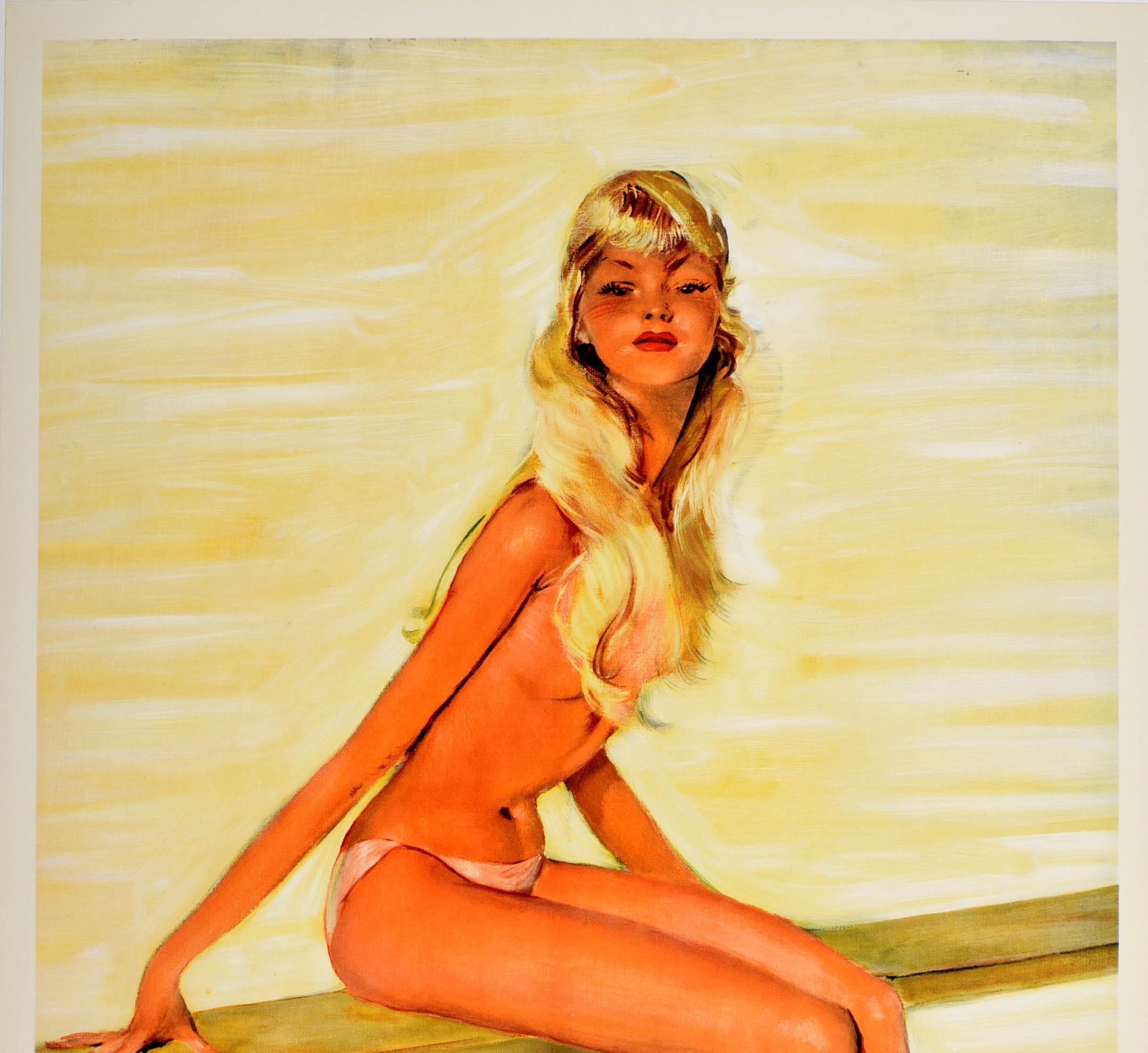 Original vintage travel poster for Monte Carlo featuring an elegant pin-up style image by the French painter Jean Gabriel Domergue (1889-1962) of a young blonde lady sitting on a diving board and looking out to the viewer against a yellow shaded