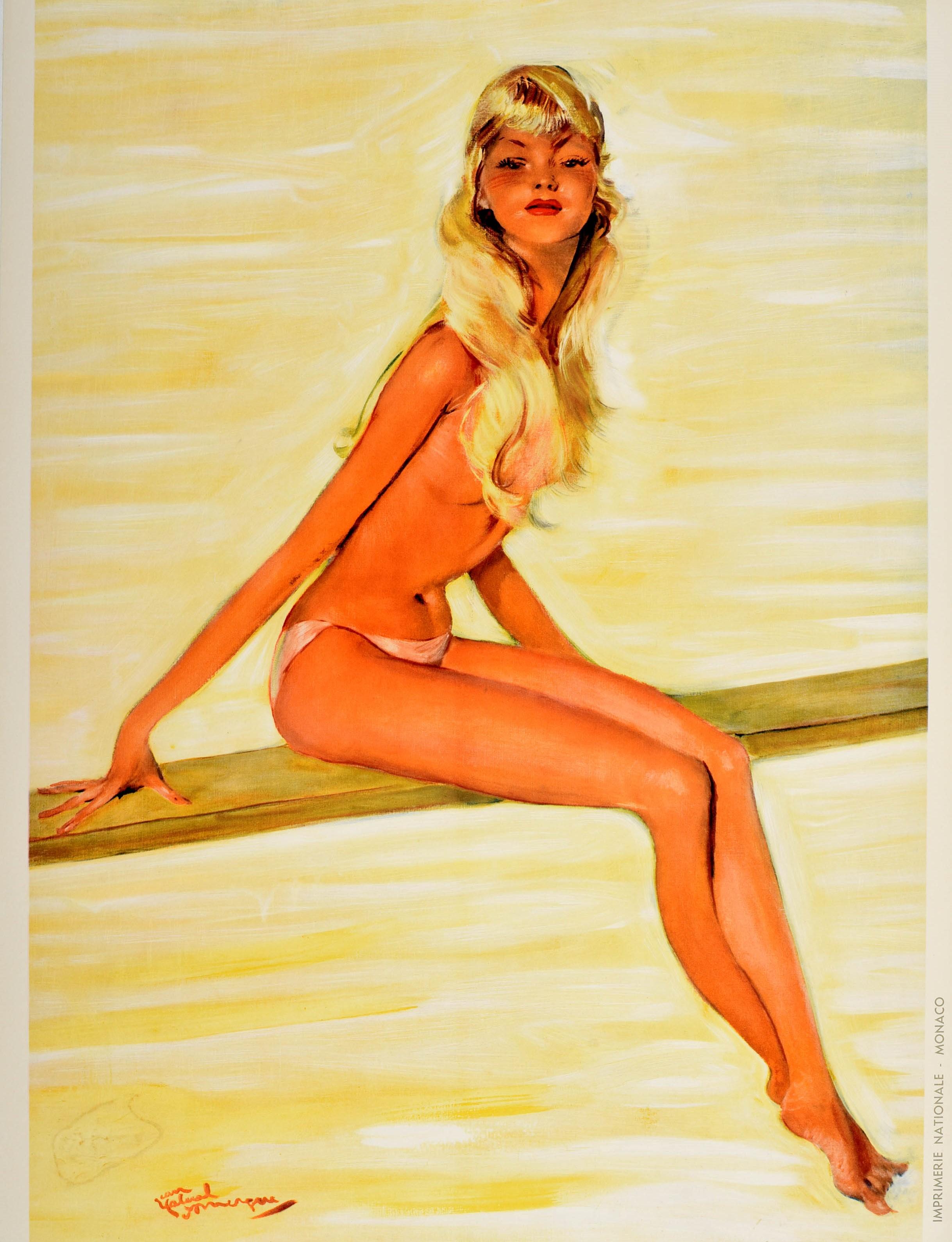 Original Vintage Travel Poster For Monte Carlo Diving Board Girl Pin Up Design In Good Condition In London, GB
