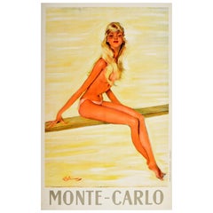 Original Vintage Travel Poster For Monte Carlo Diving Board Girl Pin Up Design