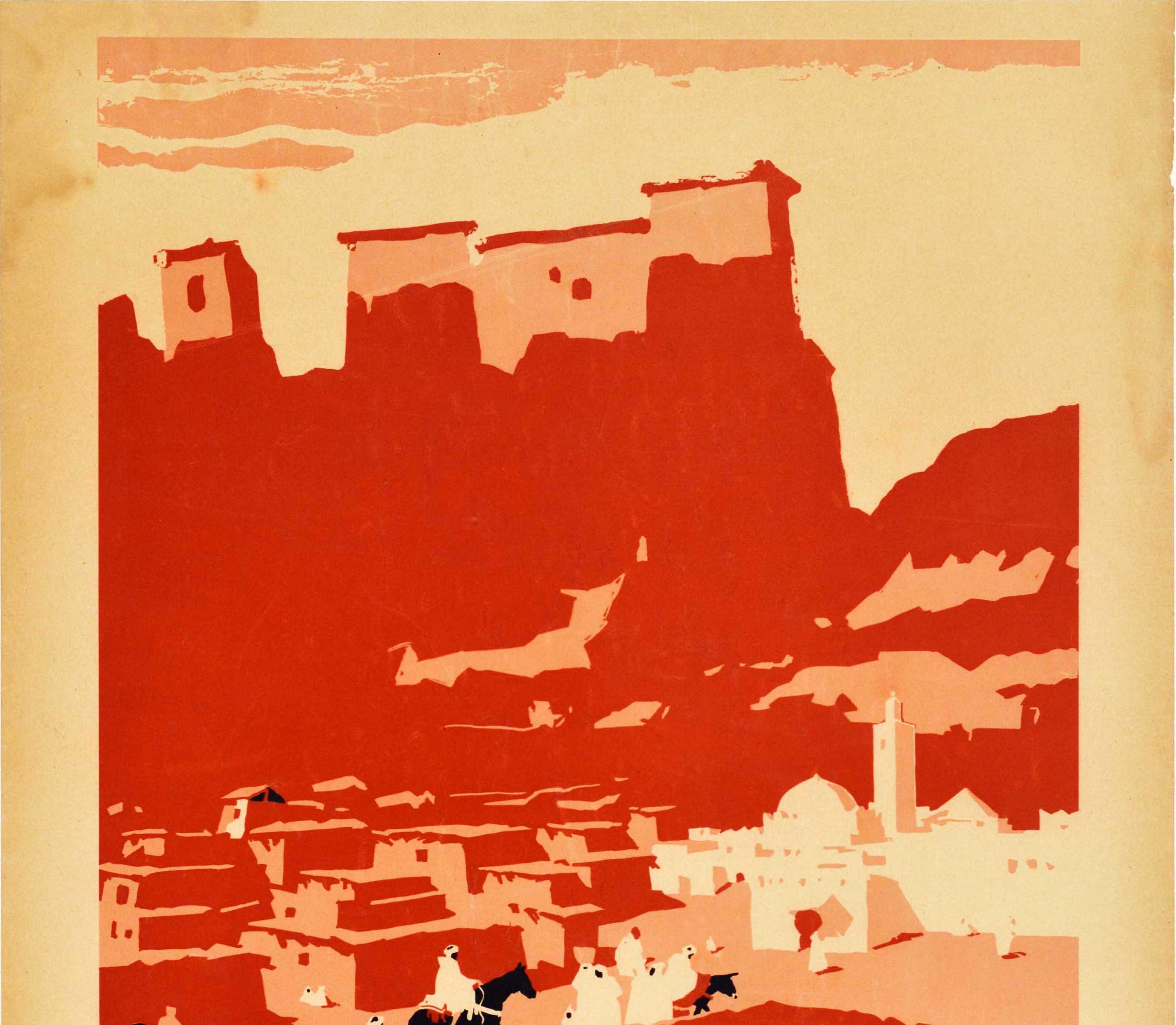 Original vintage travel poster for Morocco Land of Great Tourism / Maroc Terre de Grand Tourisme featuring an illustration by the French painter Robert Genicot (1890-1981) depicting people in black and white clothing walking and riding on a horse