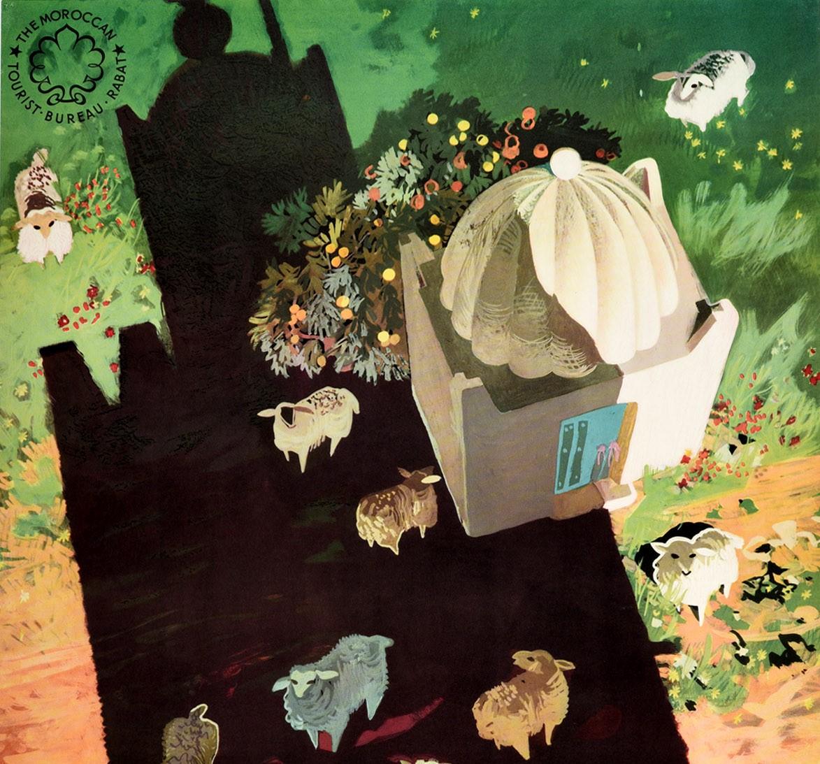 Original vintage travel poster for Morocco issued by the The Moroccan Tourist Bureau Rabat featuring a great design of a shepherd with his flock of sheep next to grass on a lane by a small domed building, looking down from a tall building casting a