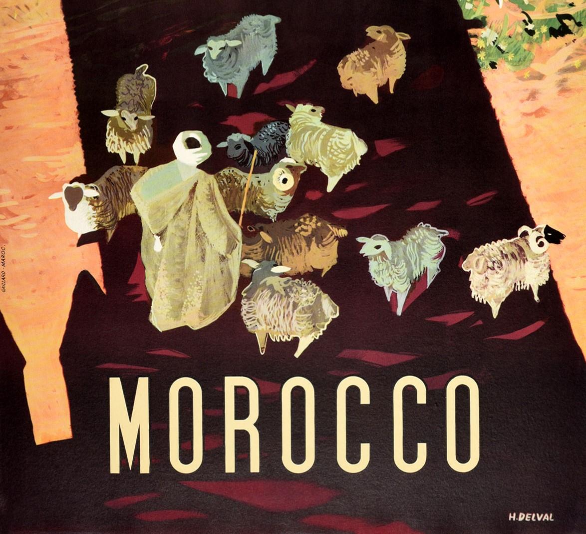 Marocain Affiche de voyage vintage d'origine pour le Maroc, Afrique, berger et mouton, motif d'ombre en vente