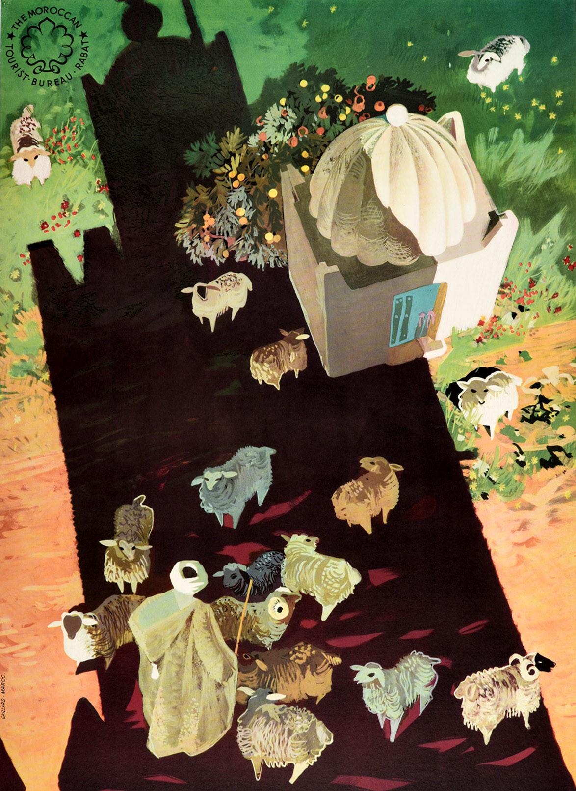 Affiche de voyage vintage d'origine pour le Maroc, Afrique, berger et mouton, motif d'ombre Bon état - En vente à London, GB