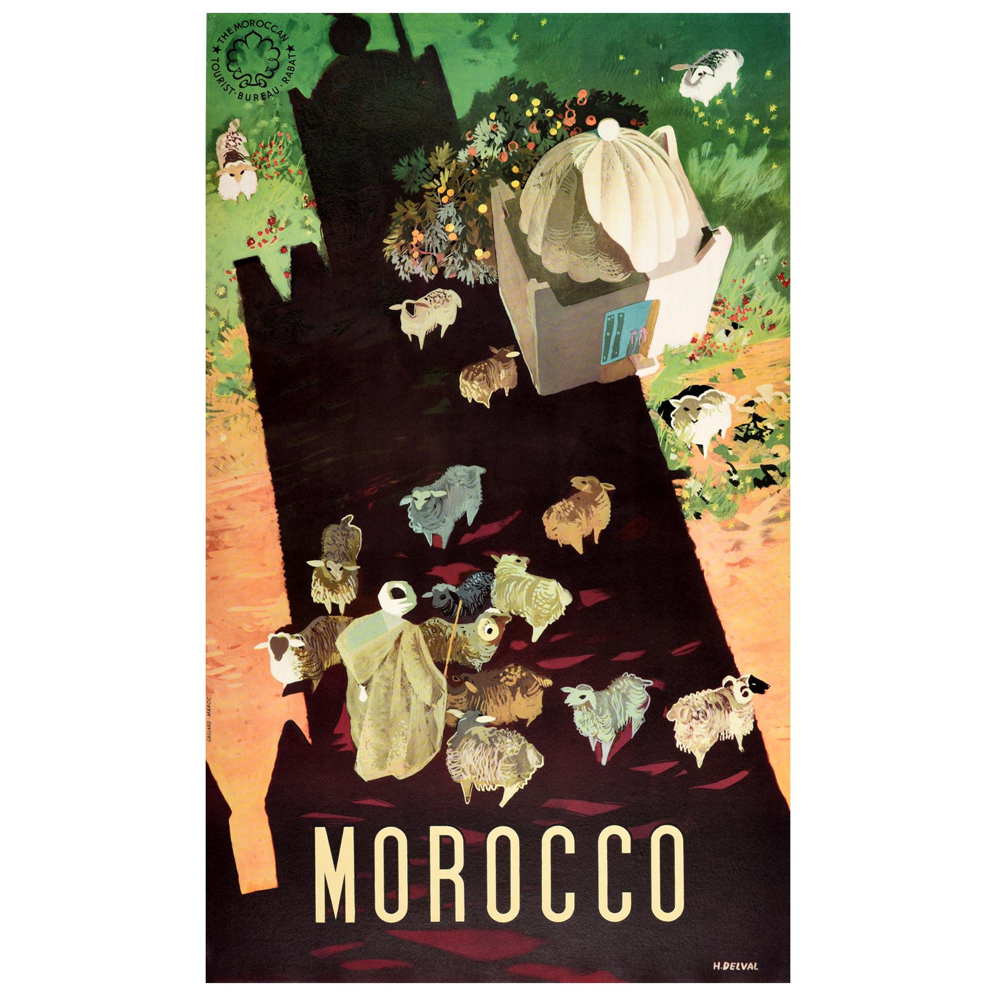 Affiche de voyage vintage d'origine pour le Maroc, Afrique, berger et mouton, motif d'ombre
