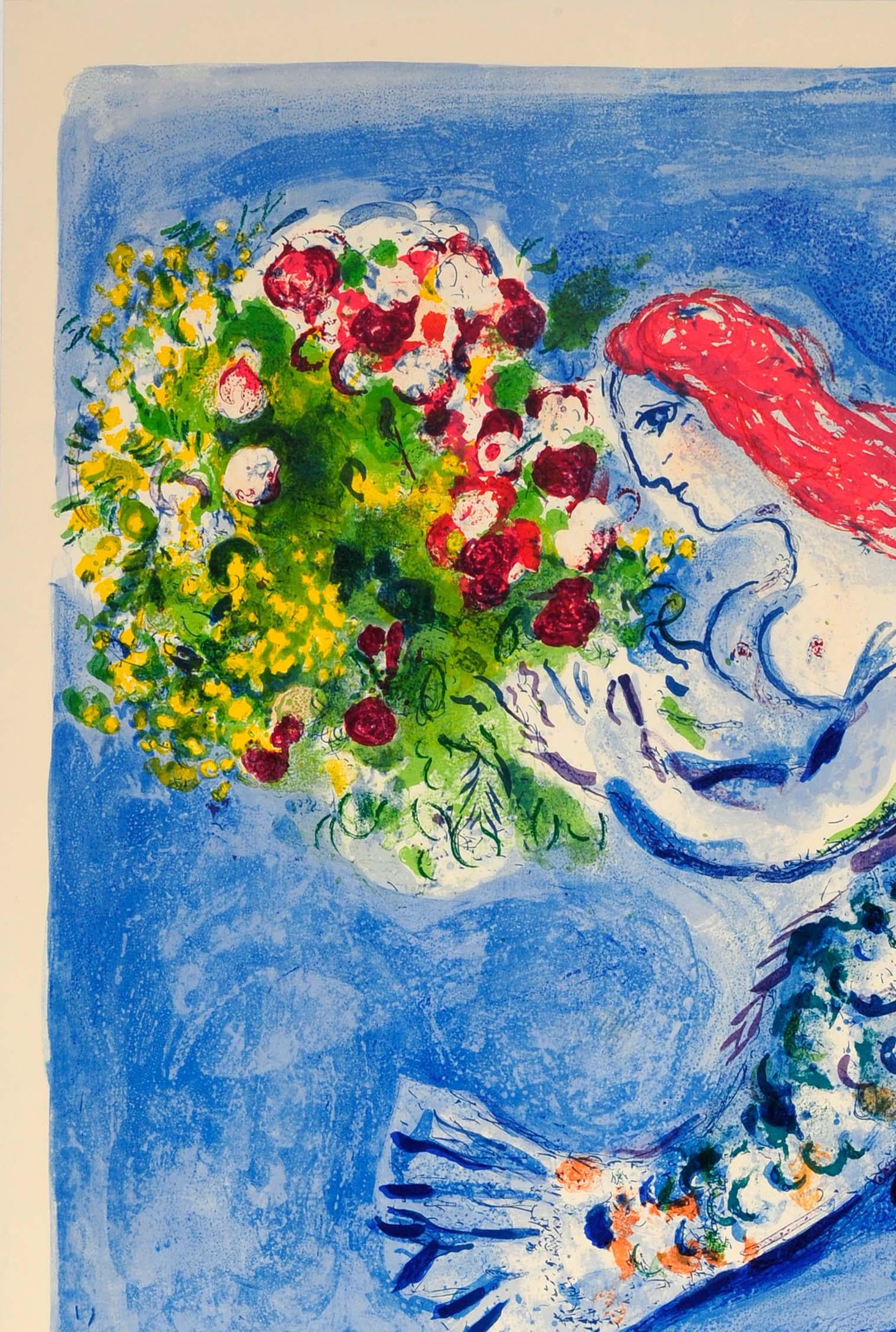 Original vintage travel poster advertising the French city of Nice - Soleil Fleurs / Sun Flowers - featuring a colorful illustration by the notable Russian/French modernist artist Marc Chagall (1887-1985) of a mermaid holding a bunch of flowers