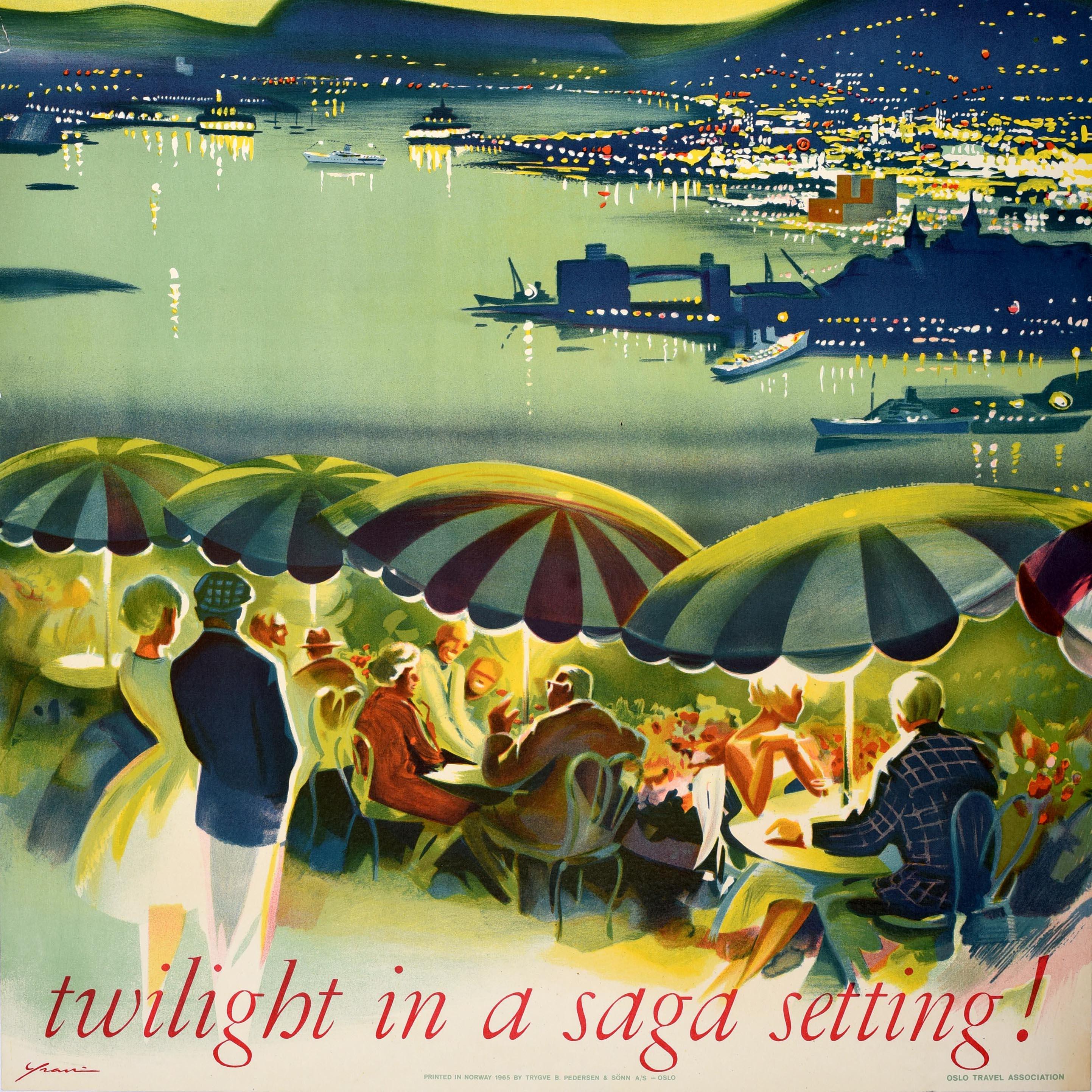 Norvegese Poster di viaggio originale d'epoca Oslo Norvegia Crepuscolo nella saga ambientata in Scandinavia in vendita