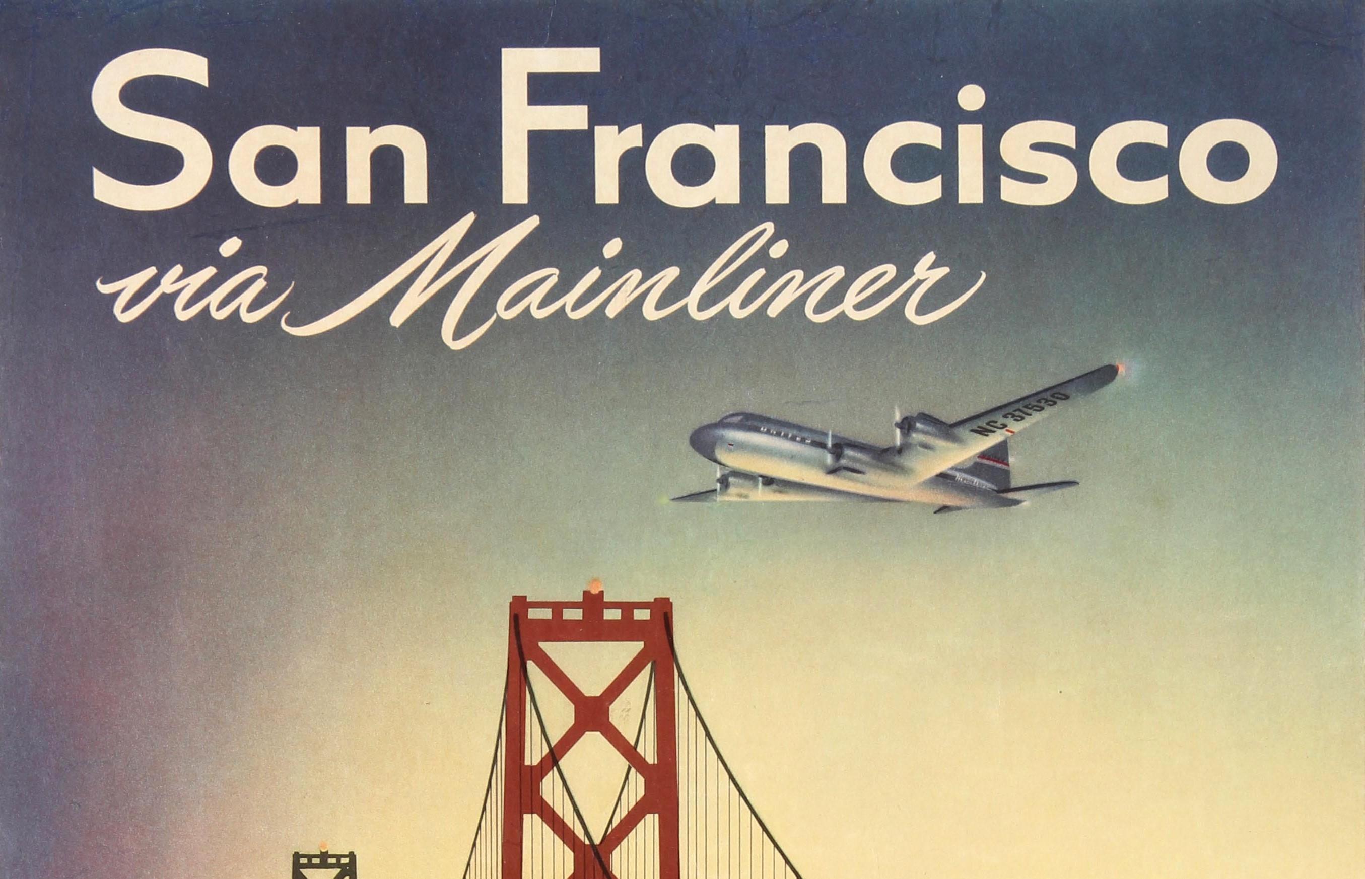 Original vintage travel poster for San Francisco via Mainliner United Air Lines featuring a stunning illustration depicting a seagull flying in front of the San Francisco–Oakland Bay Bridge in California with a United Airlines plane flying in the