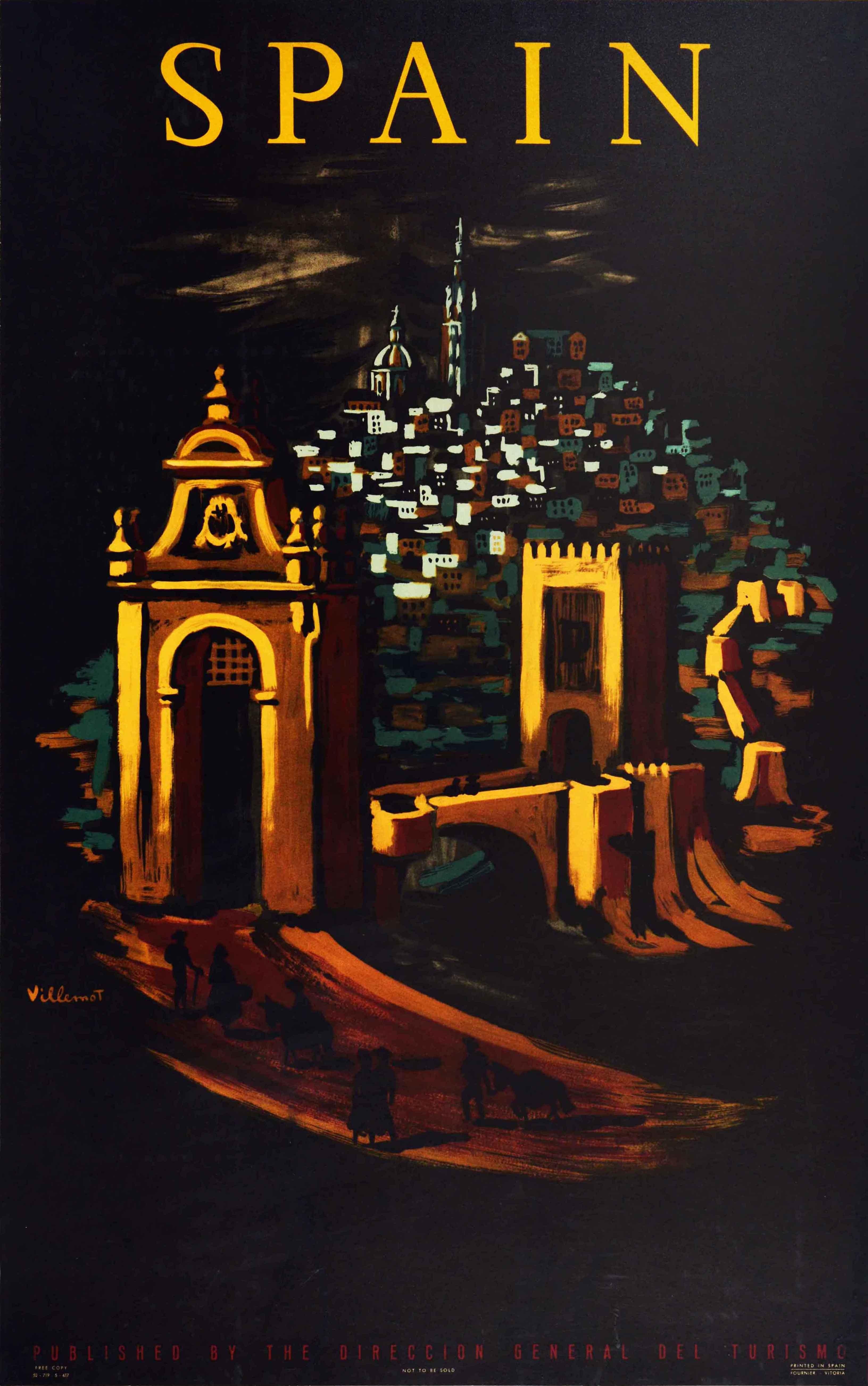 Original vintage travel poster for Spain featuring great artwork by the notable French graphic artist Bernard Villemot (1911-1989) depicting a Spanish town at night with historic church towers and buildings, and silhouettes of people with donkeys