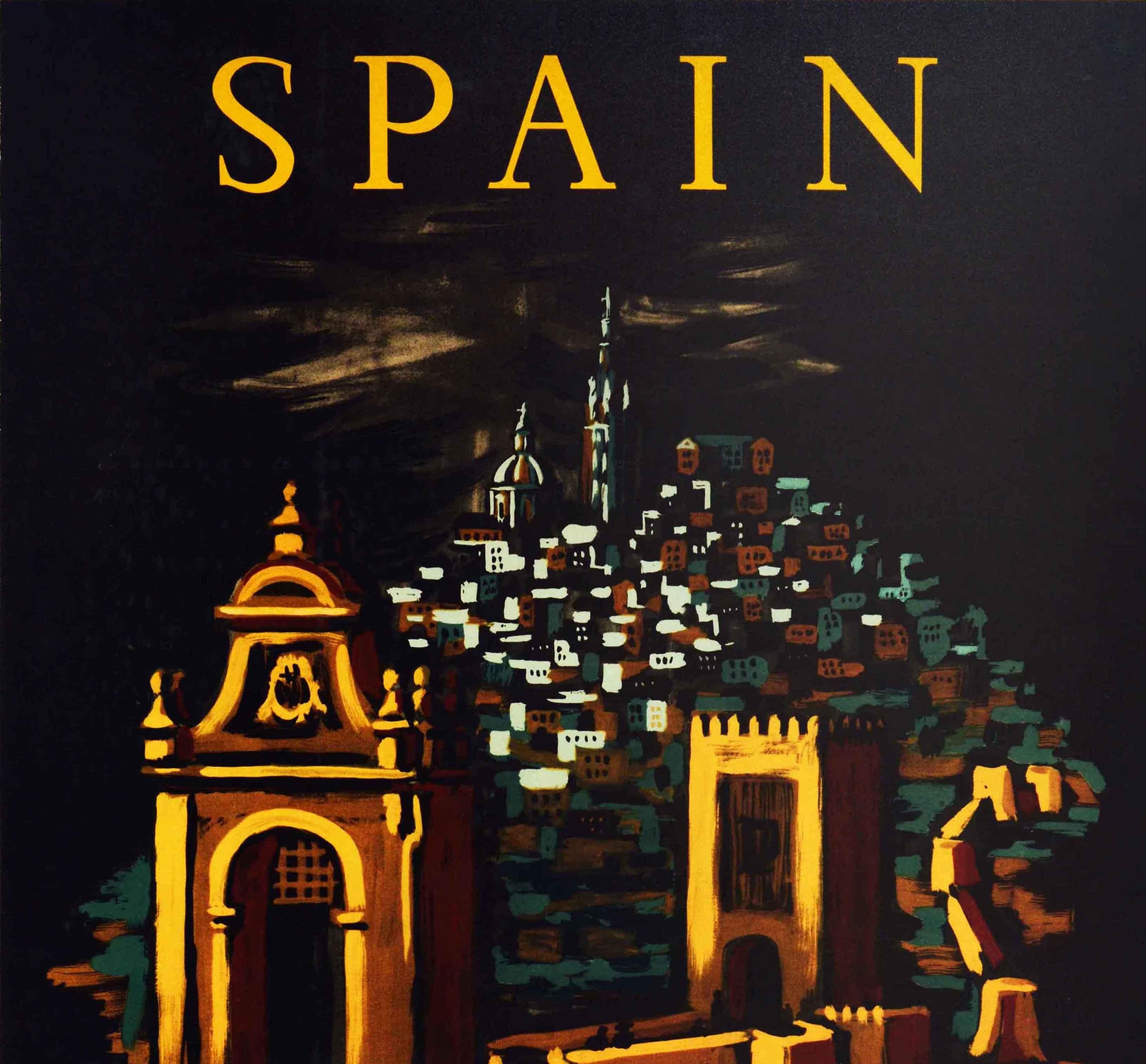 Spanish Original Vintage Travel Poster For Spain Ft. Walled City Gate Night View Artwork