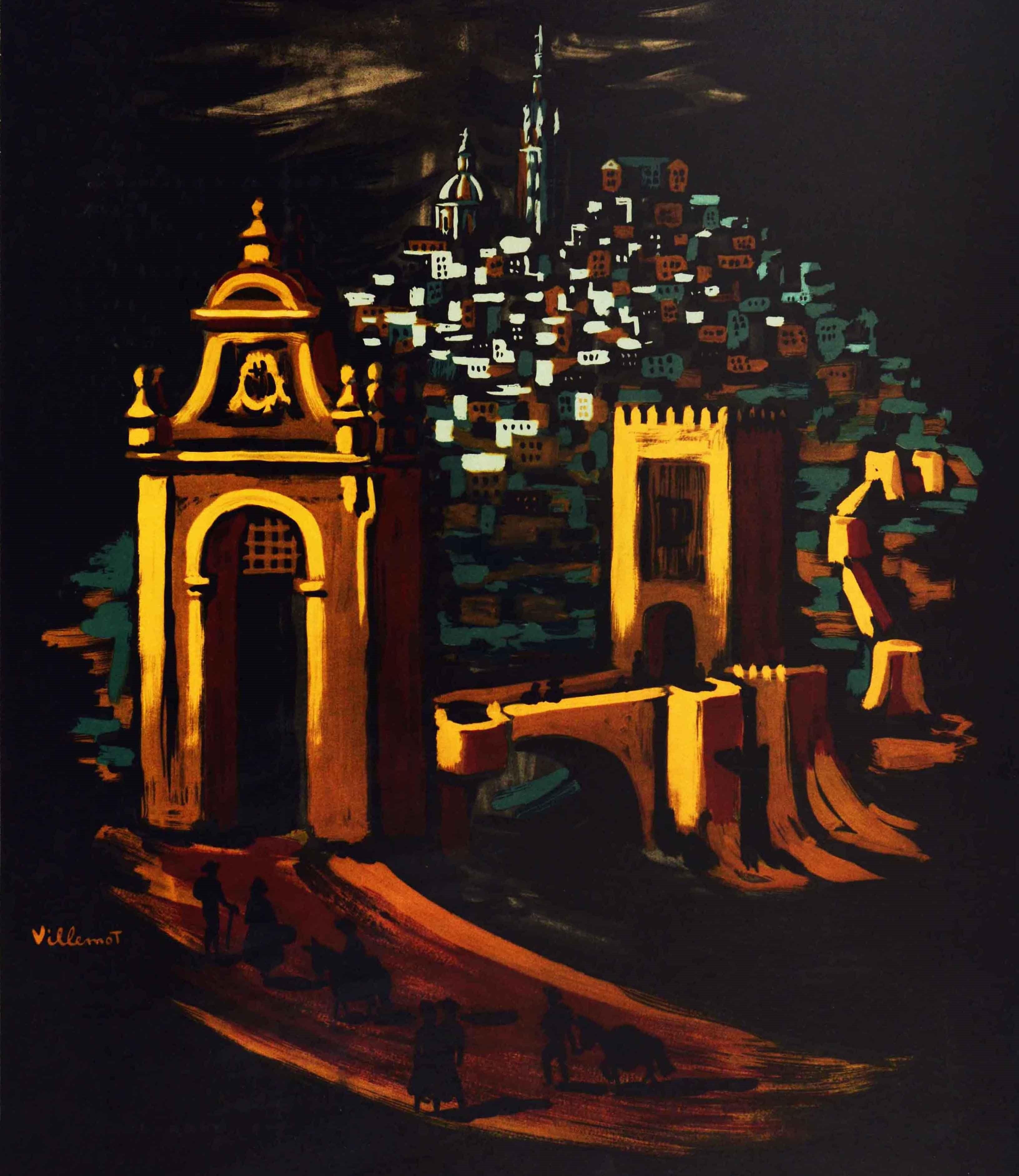 Mid-20th Century Original Vintage Travel Poster For Spain Ft. Walled City Gate Night View Artwork