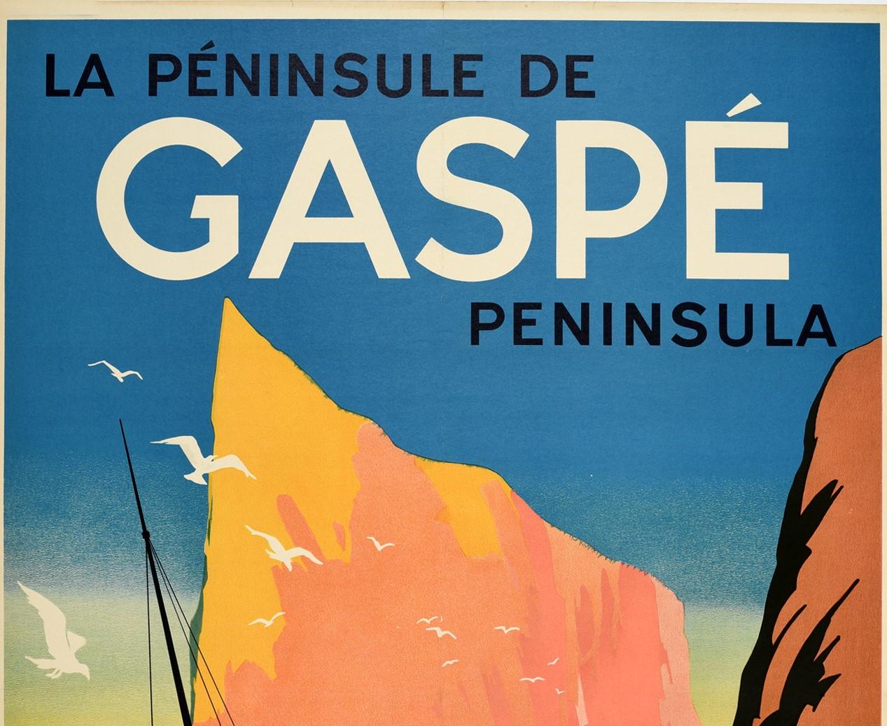 Original vintage travel poster for the Gaspe Peninsula / La Peninsule De Gaspe featuring a great illustration of a person leaning against a sailing boat anchored on a beach with seagulls flying overhead and colourful cliff edges across the calm sea