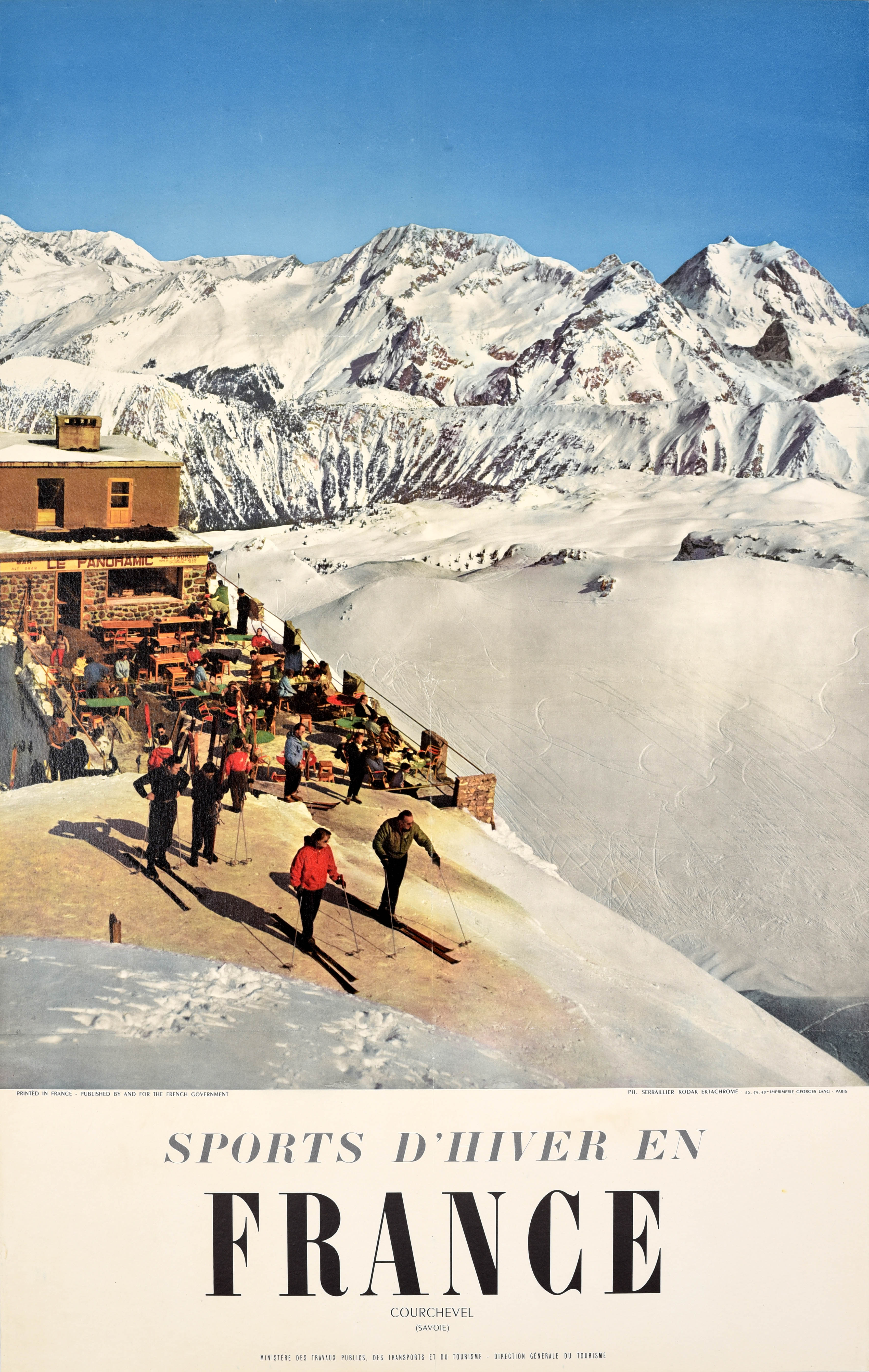 Manifesto di viaggio vintage originale: Francia, Courchevel, Savoia, sport invernali, sci