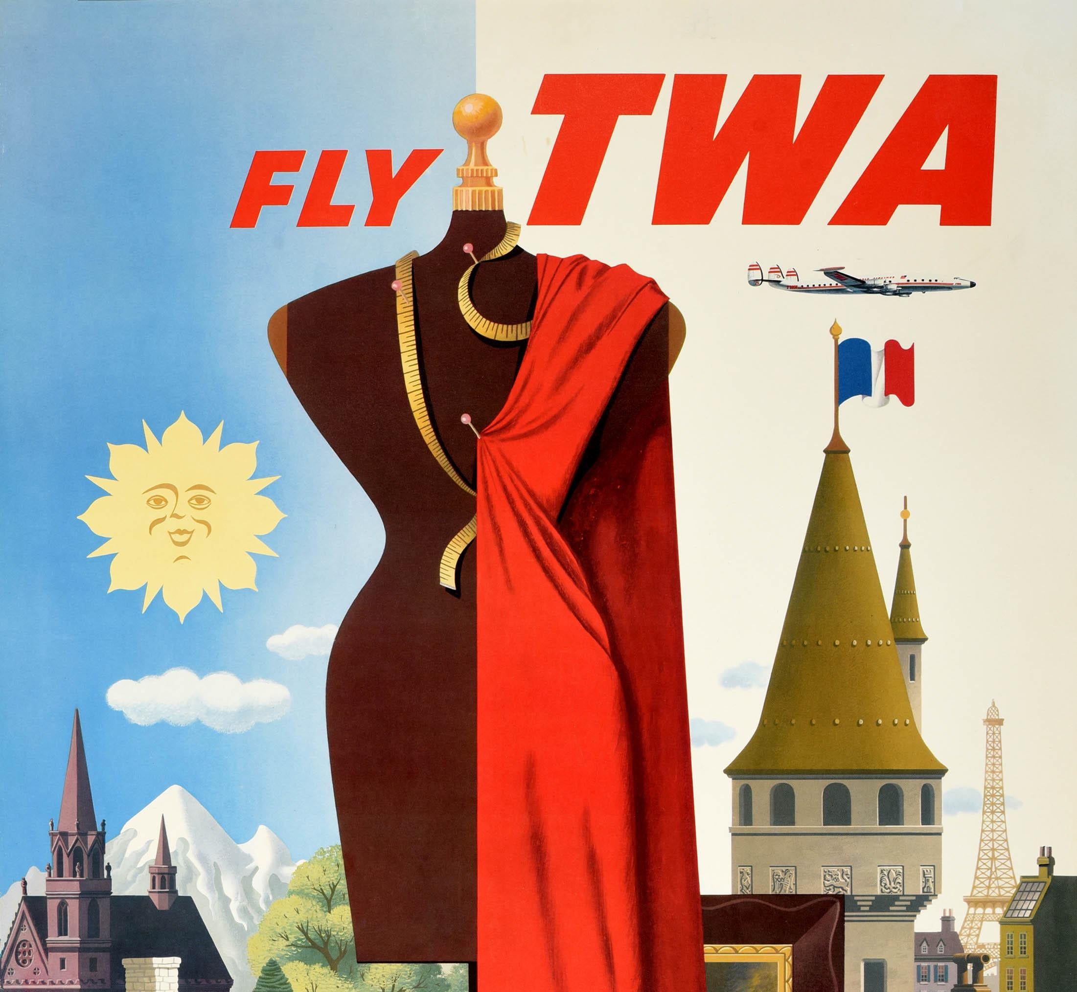 American Original Vintage Travel Poster France Fly TWA Lockheed Constellation Fashion Art