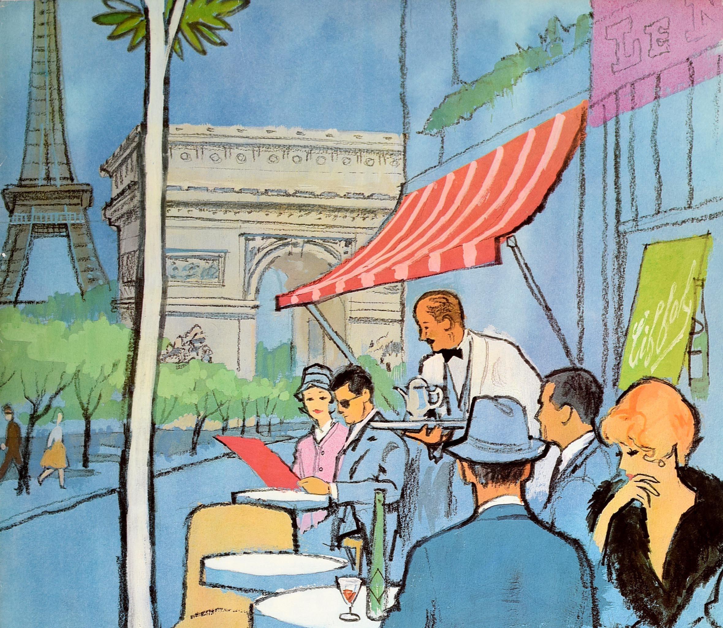 Original vintage travel poster for Le service Belgique to France via Sabena Belgian World Airlines featuring a colourful illustration of smartly dressed people at an outdoor cafe with a waiter serving drinks on a tray, a view of the Arc de Triomphe