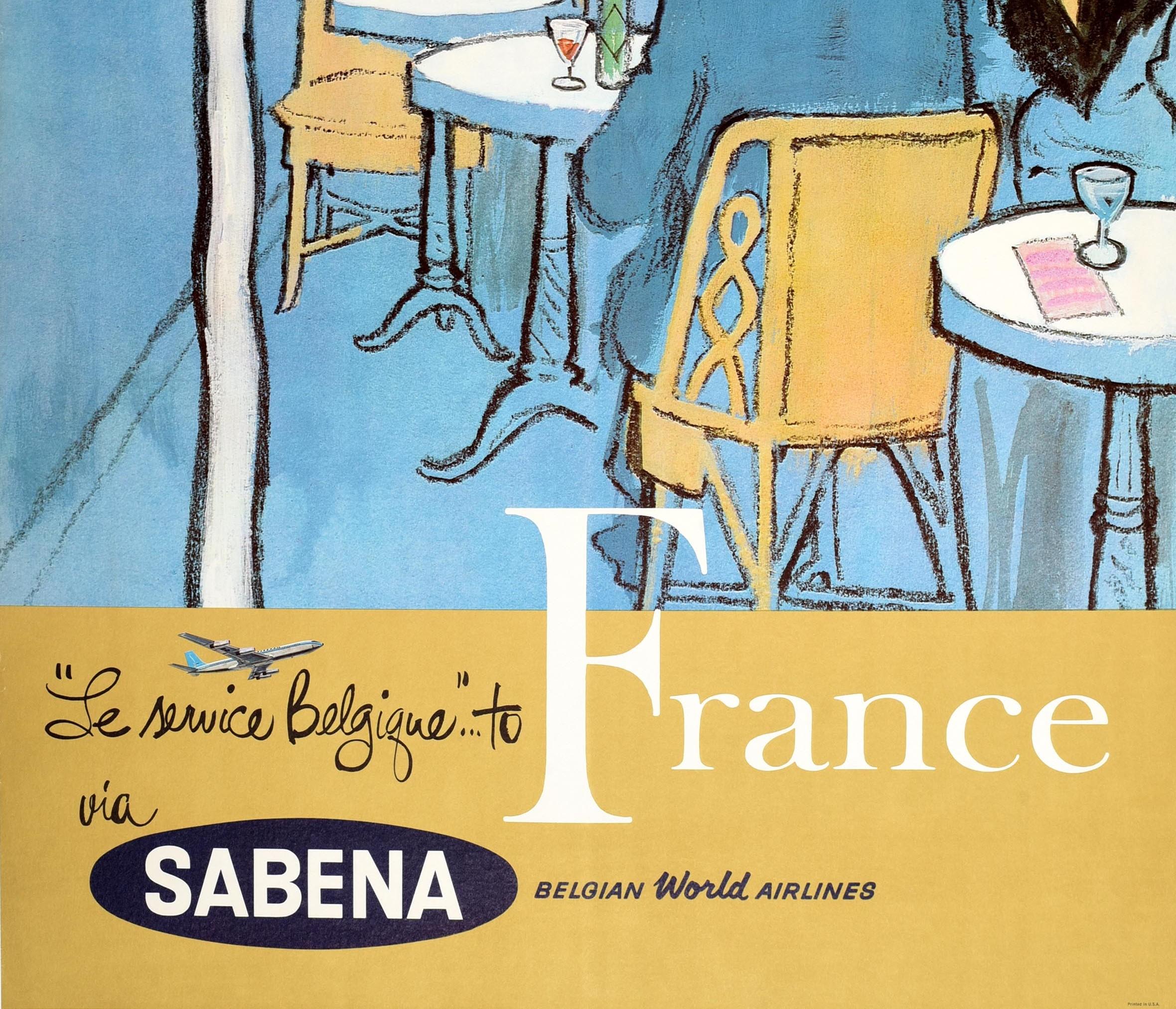 Américain Affiche rétro originale de voyage, France, Sabena, Compagnie aérienne internationale belge, Paris, Café en vente