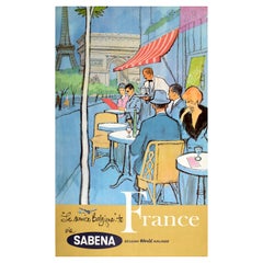 Affiche rétro originale de voyage, France, Sabena, Compagnie aérienne internationale belge, Paris, Café
