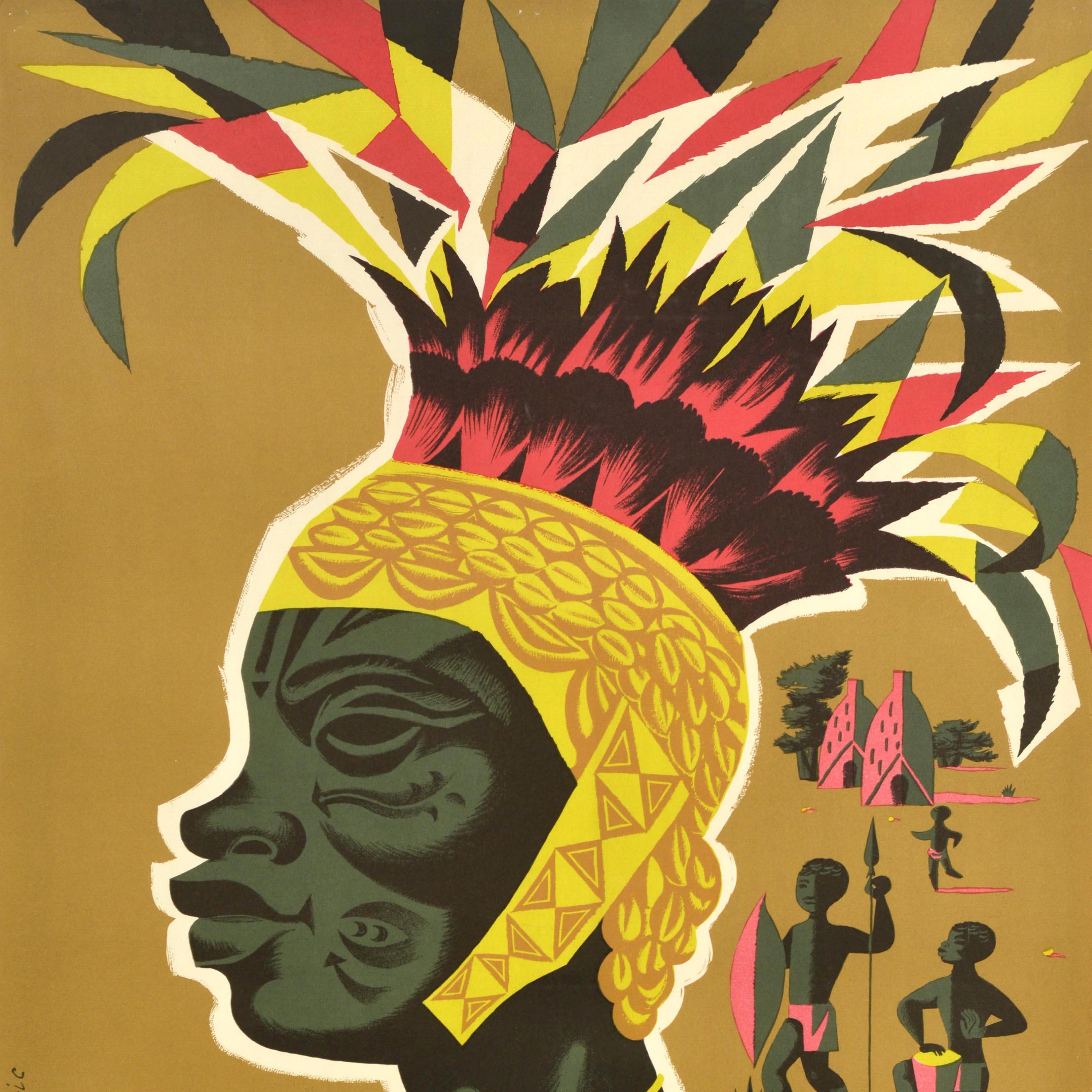 Cartel de viaje original de época para el África Ecuatorial Francesa / Afrique Equatoriale Francais con un gran diseño de Alain Cornic (n.1920) de un miembro de una tribu africana que lleva un tocado tradicional de plumas con marcas decorativas en