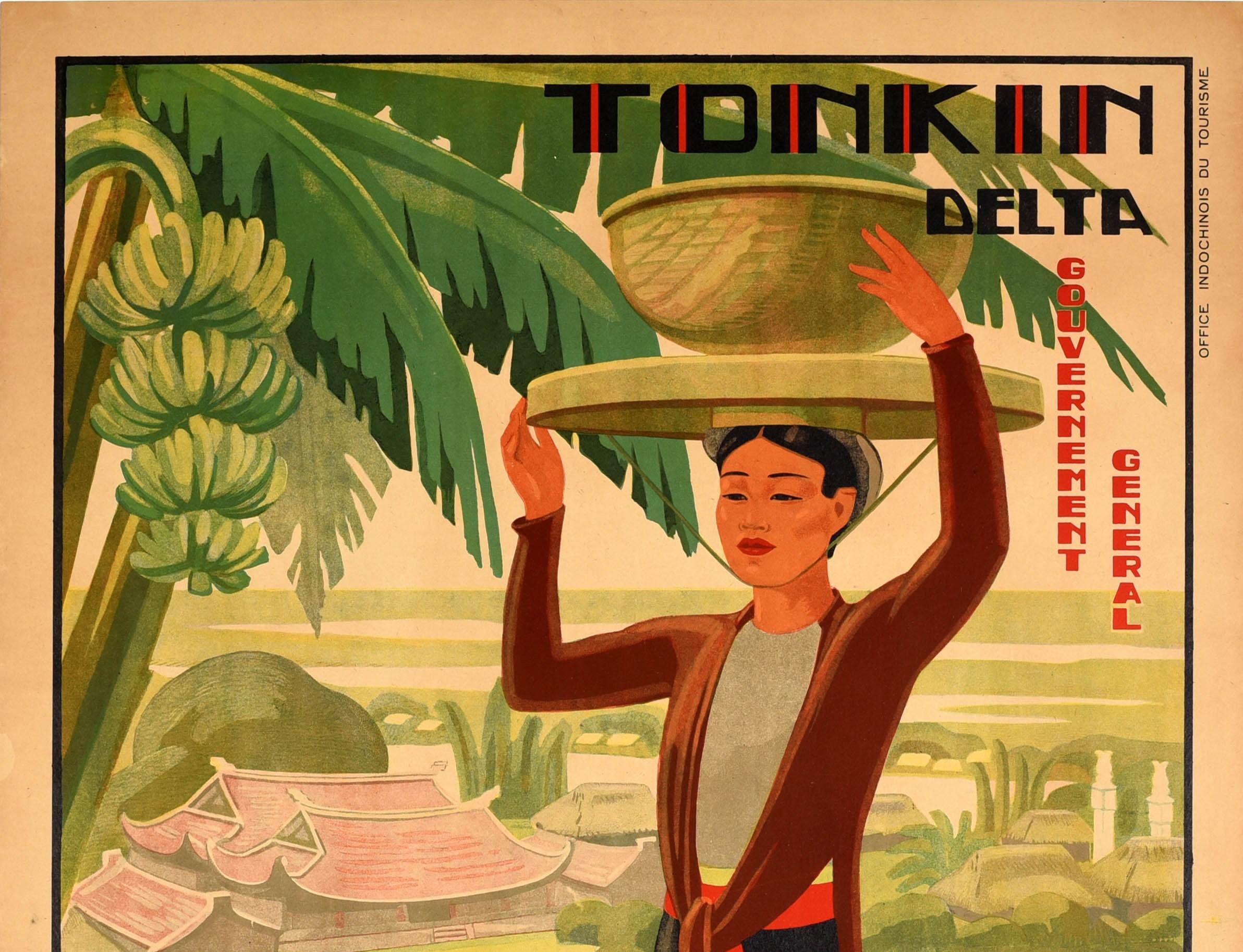 Original vintage Asia travel poster for Tonkin Delta L'Indochine Francais / French Indochina featuring farmers carrying baskets on their wide brimmed hats and on shoulder yokes up a hill with boats on the water and buildings below and a banana tree