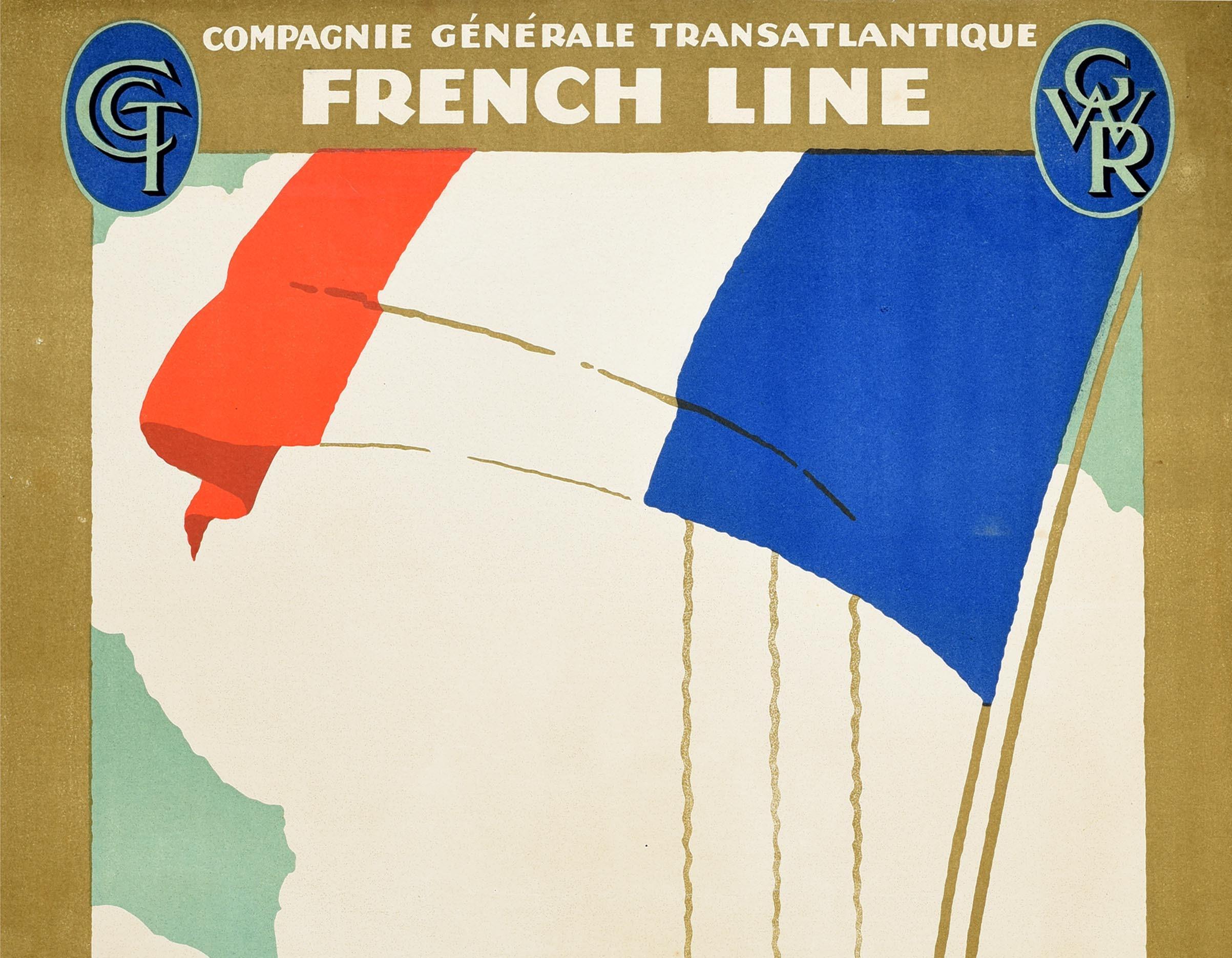 Original vintage travel advertising poster for Plymouth New York cruises issued by Compagnie Generale Transatlantique French Line. Elegant Art Deco design featuring a ship sailing at sea with small tug boats on the calm blue water and a French flag