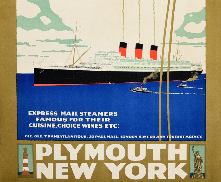 Original Vintage Travel Poster French Line Cruise Ship Plymouth New