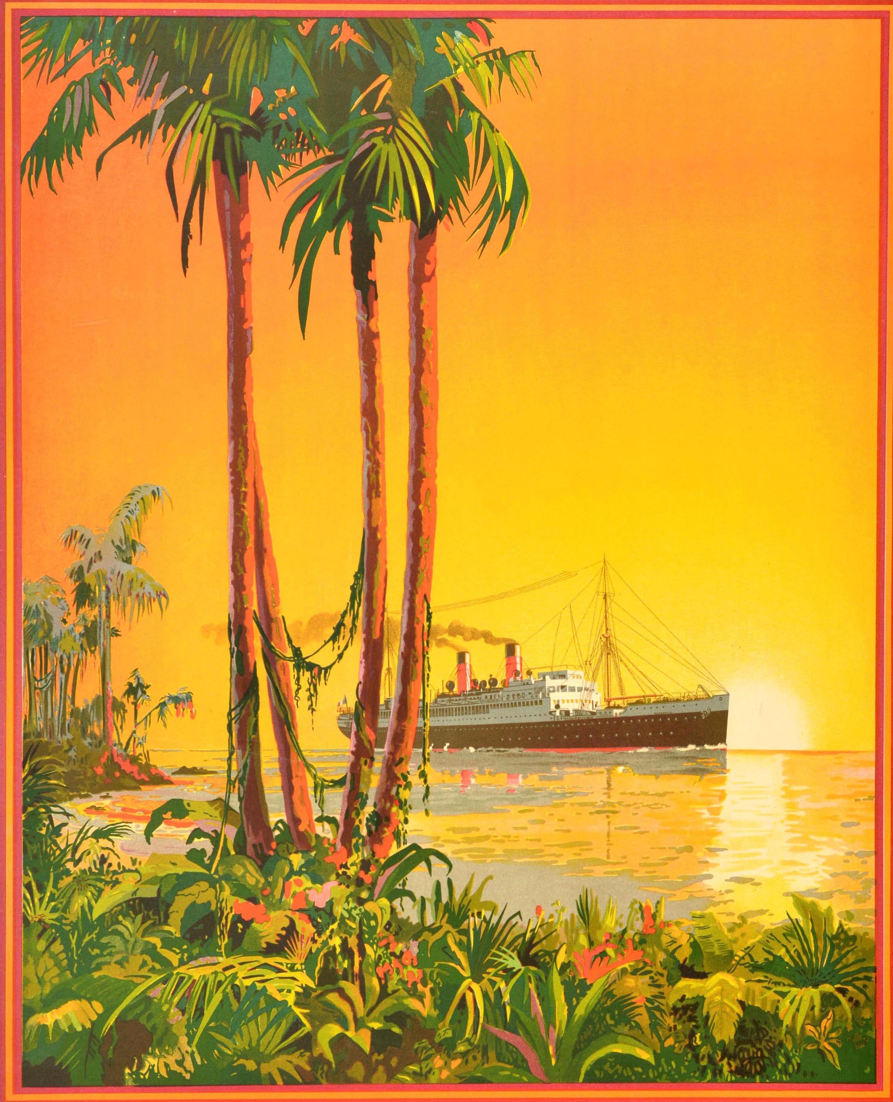 Original vintage cruise ship travel poster advertising Plymouth and Panama to the Spanish Main & West Indies The largest and fastest mail steamers from England by French Line (founded in 1861 - Compagnie Generale Transatlantique; CGT). Stunning